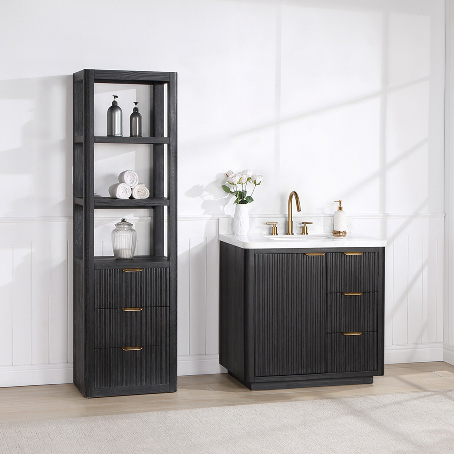 Cadiz 36-inch Black Oak Single Sink Vanity with White Engineered Stone Top