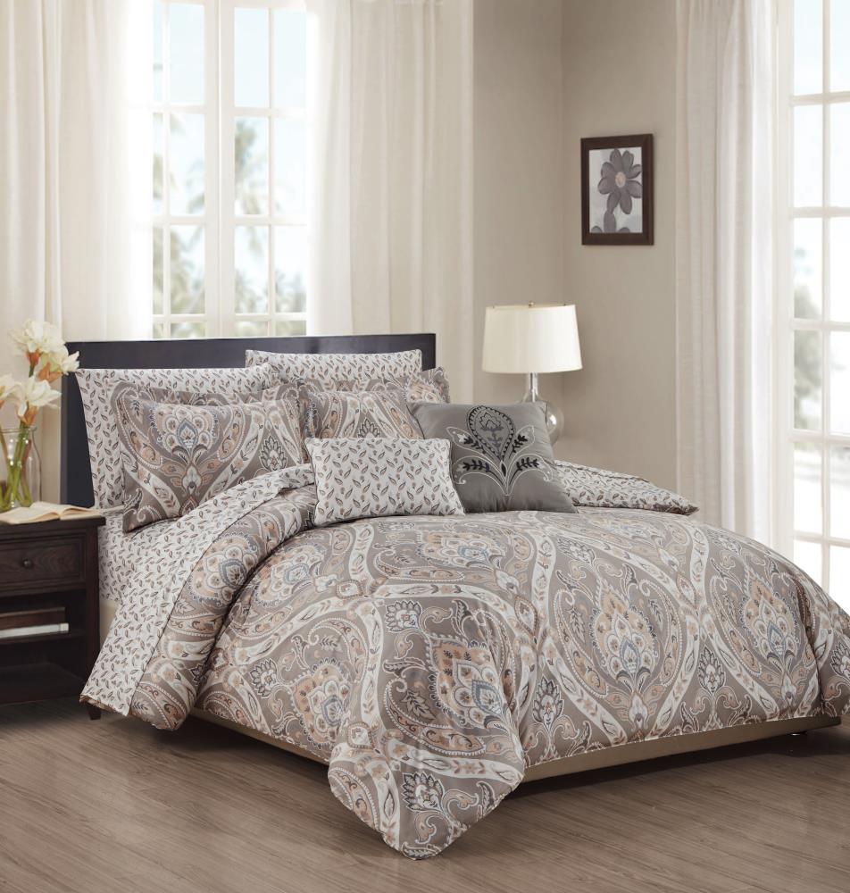 Olivia Gray Tisdale 9-Piece Printed Reversible Comforter Set 9-Piece  Grey/Taupe/Beige/White King Comforter Set at