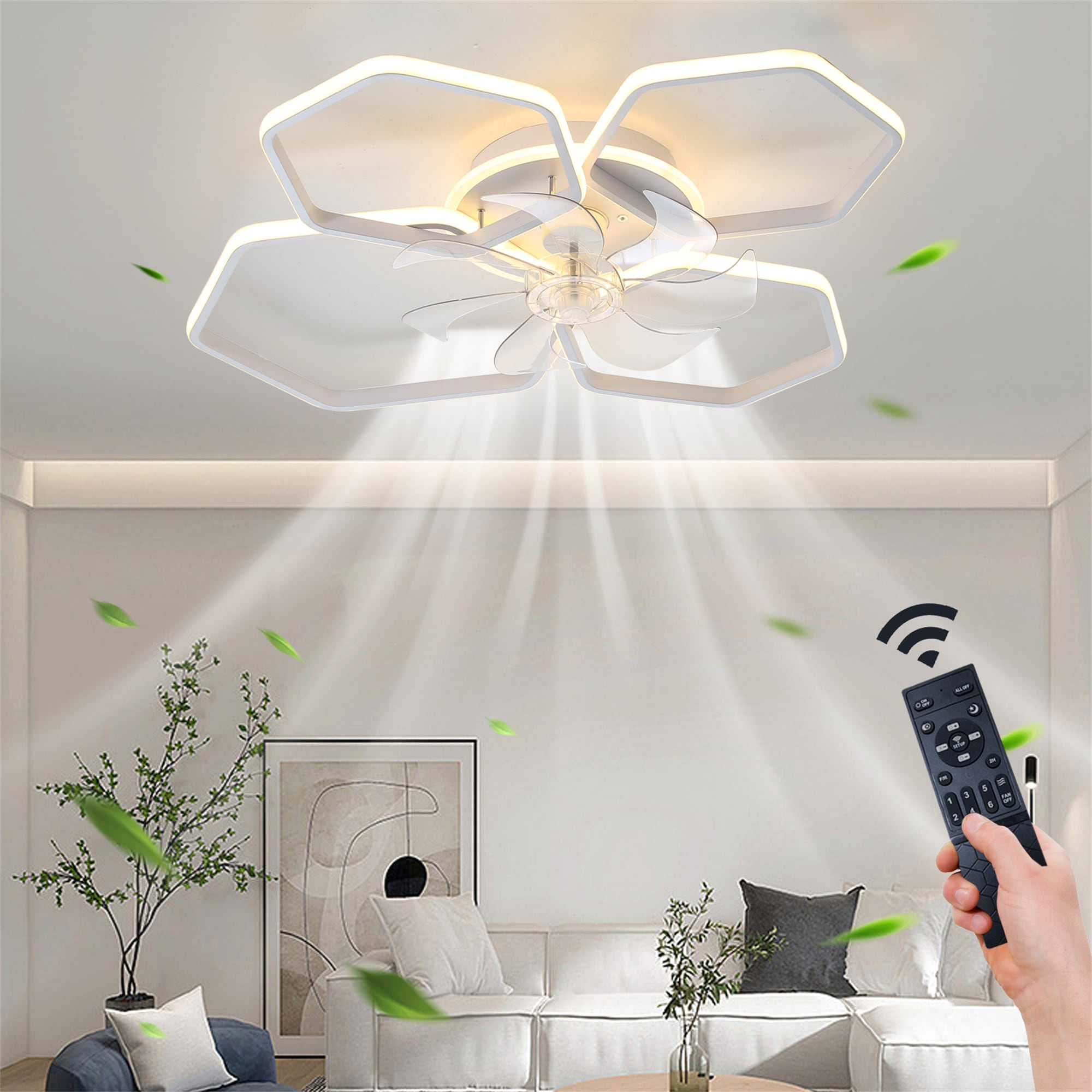 BABOOM BOM-2P18676-OR Dimmable Ceiling Fan 30-in Color-Changing Integrated LED Flush Mount White with Transparent ABS Blades Ceiling Fan With Light - Remote Included ( 7 -Blade )