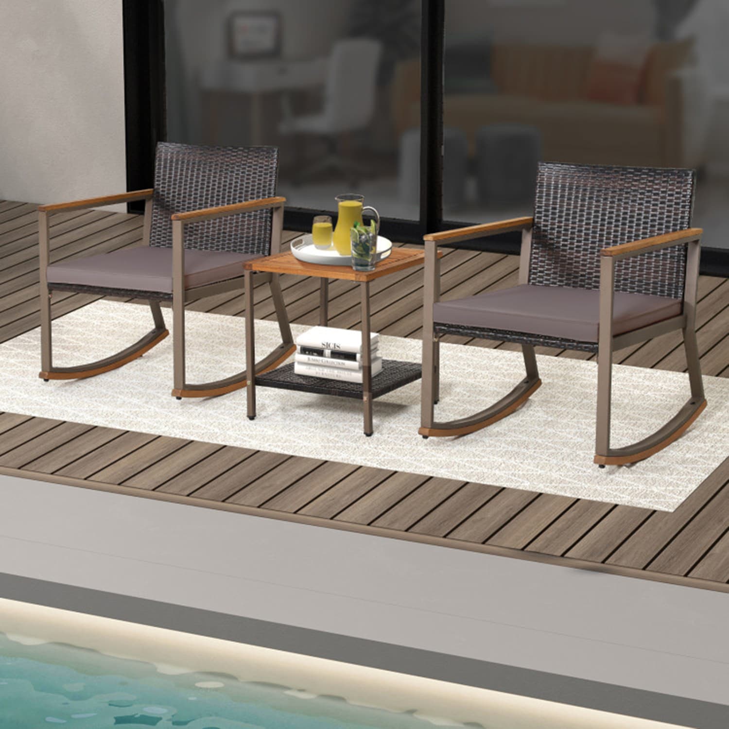 Mondawe MO-BEF51455 3 -Piece Brown Rattan Bistro Patio Dining Set Wood Square Table with 2 Gray Cushions Rocker Chairs