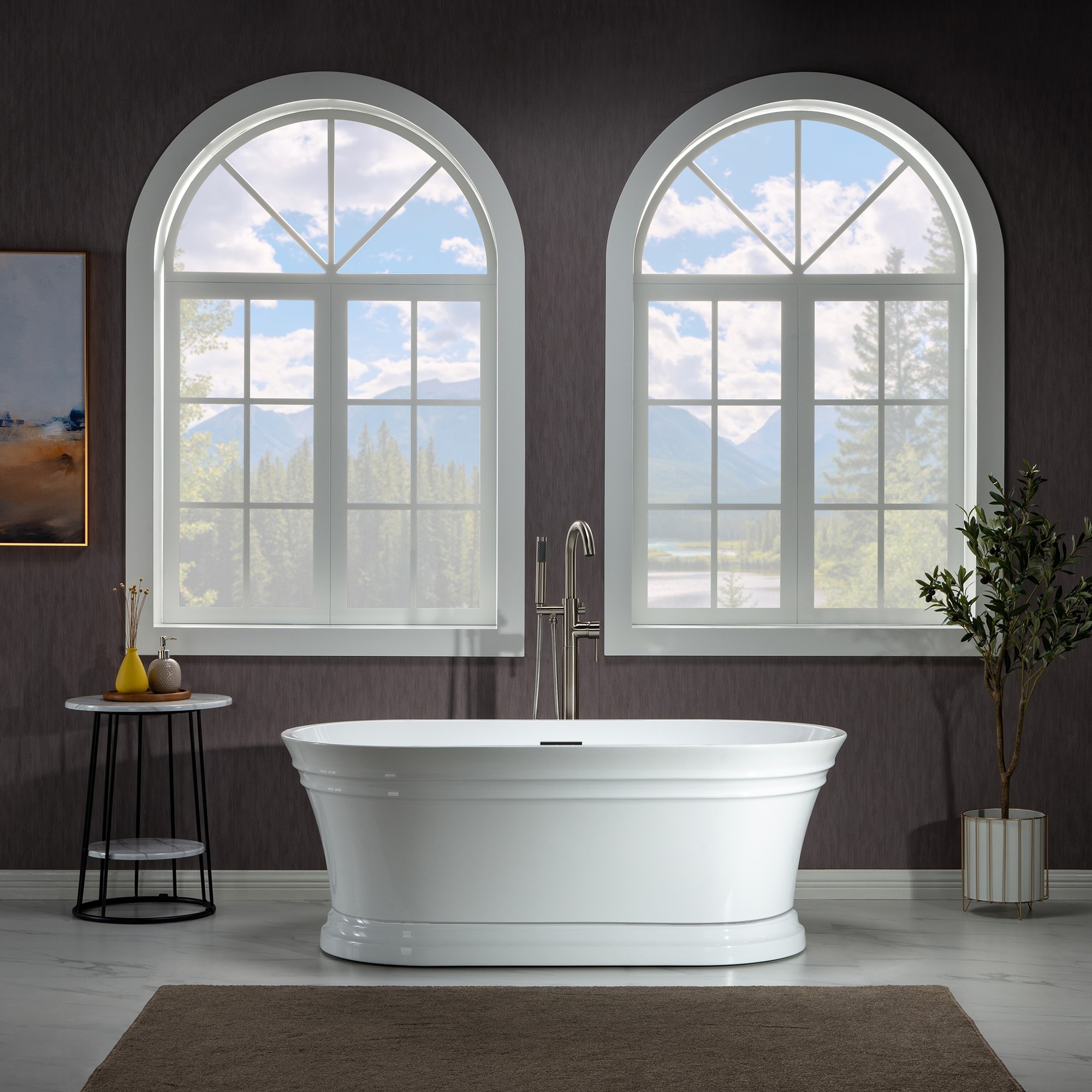 Woodbridge LB103 Archie 29.75-in x 59-in White with Matte Black Trim Acrylic Oval Freestanding Soaking Bathtub with Drain ( Center Drain )
