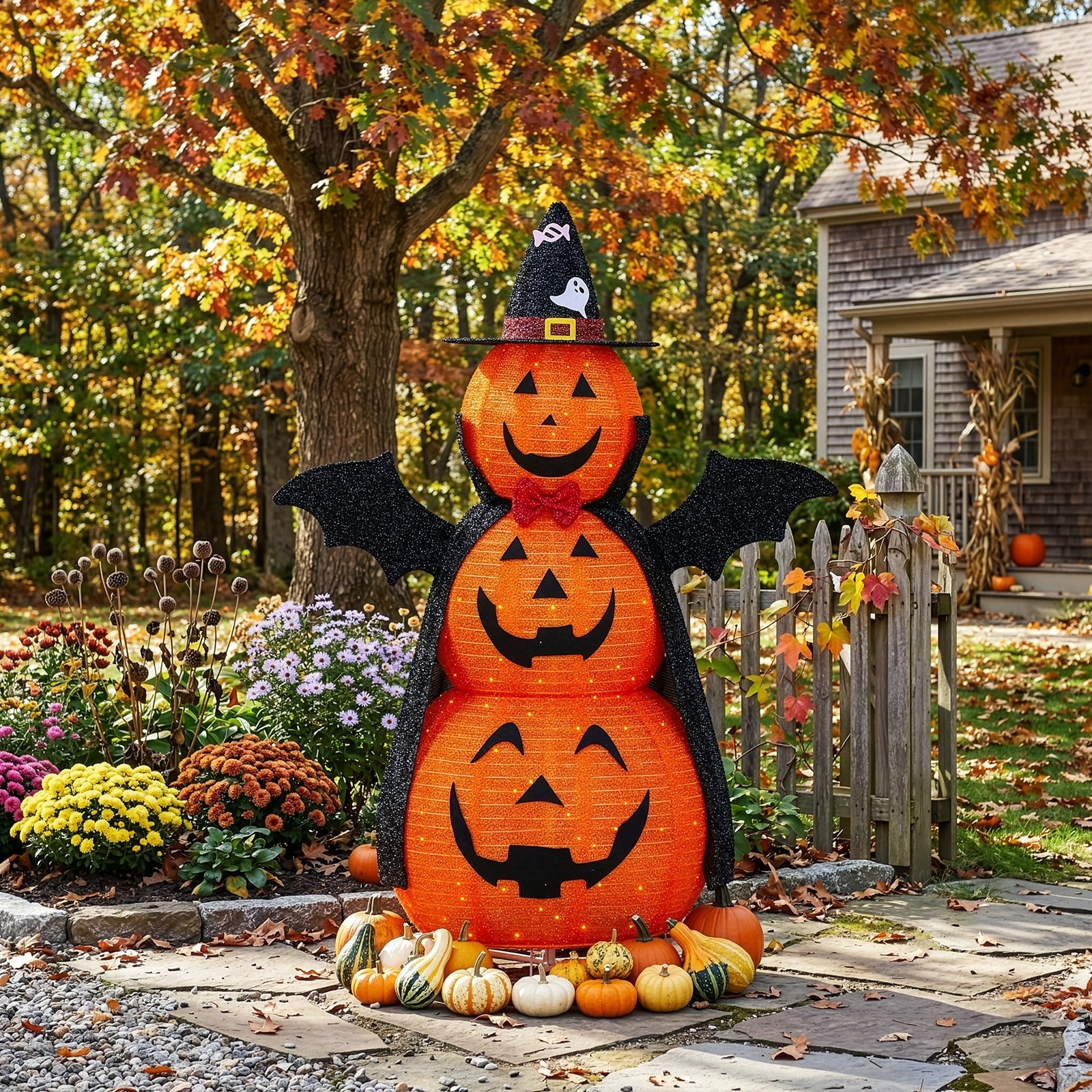 GlasFlength  5 Ft 3 Tier Retractable Fabric Pumpkin Halloween Decorations Indoor Outdoor Halloween Lights with Cape Wings and LED String Halloween Party Decorations for Garden Porch Multicolored