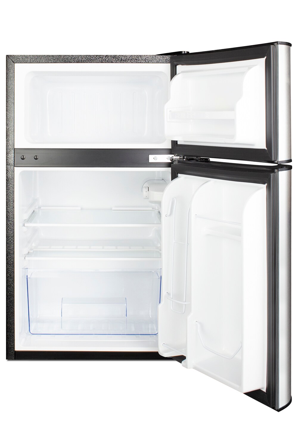 Summit Appliance 18 in. 2.7 Cu. ft. Mini Fridge in Black Without Freezer, Stainless Steel Trimmed Glass Door with Black Cabinet