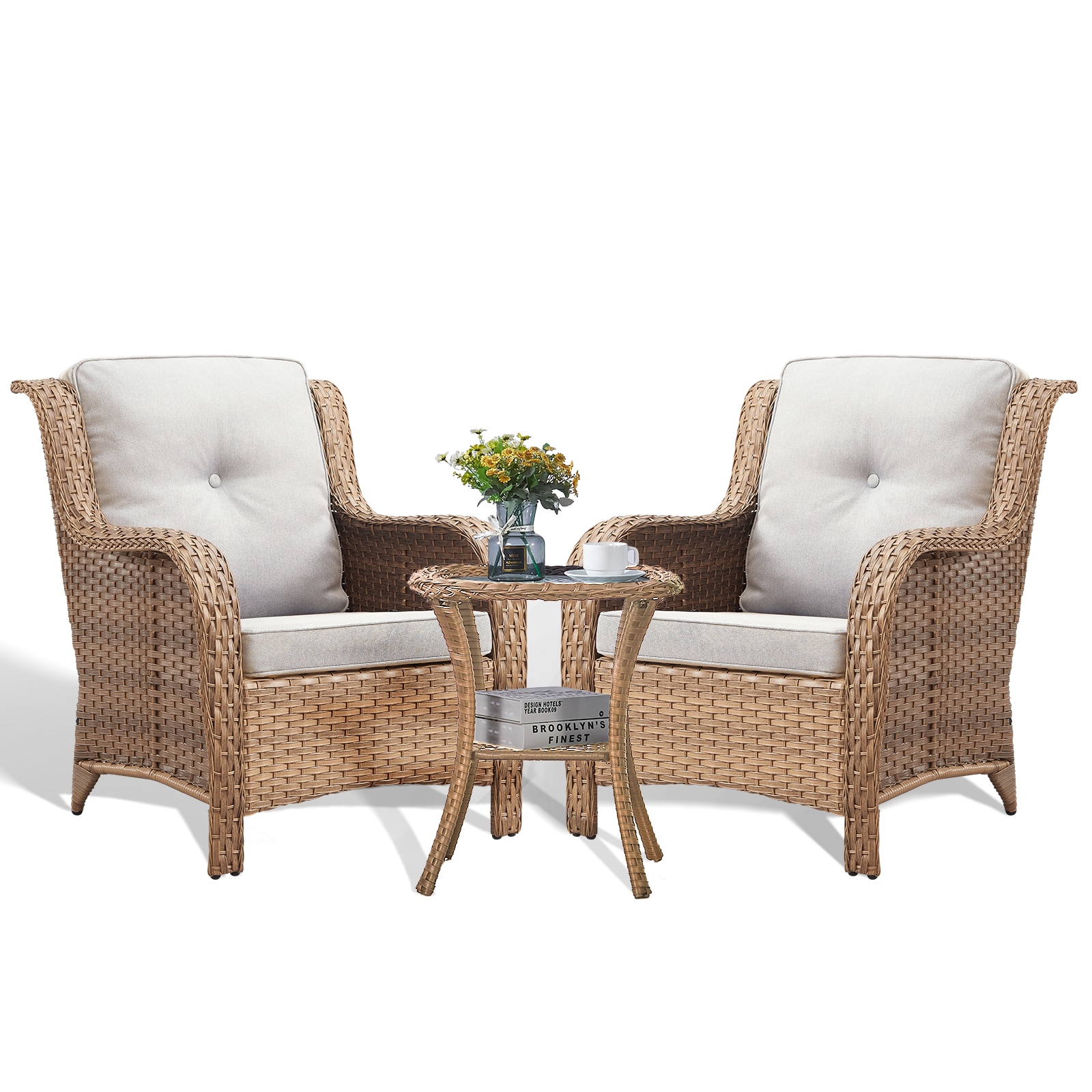 Rilyson FS106109-2 Curved handrail Set of 2 Wicker Yellow Wicker Frame Stationary Conversation Chair with Off-white Beige Cushioned Seat