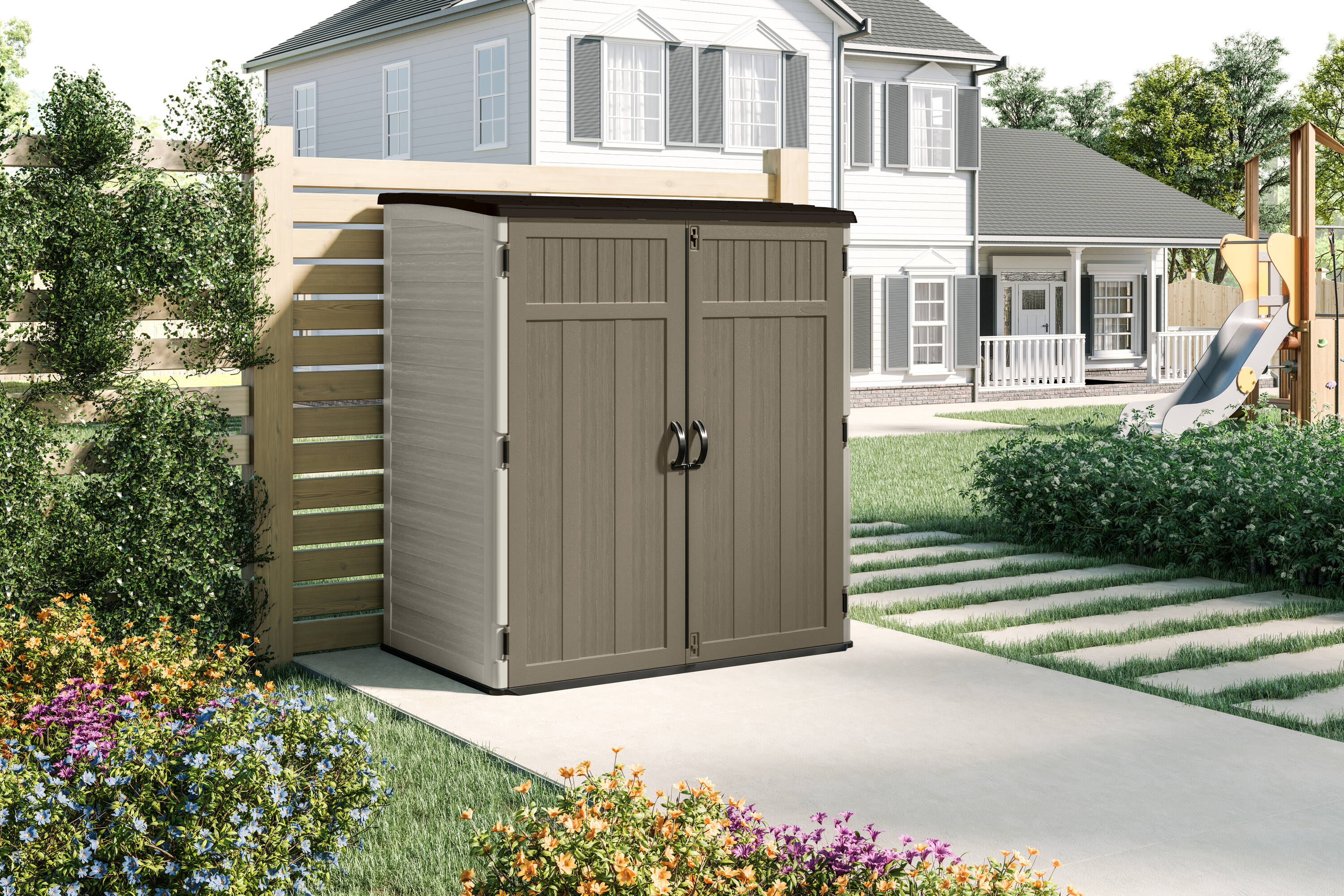 Dark Taupe and Cobblestone Resin Vertical Storage Shed Kit