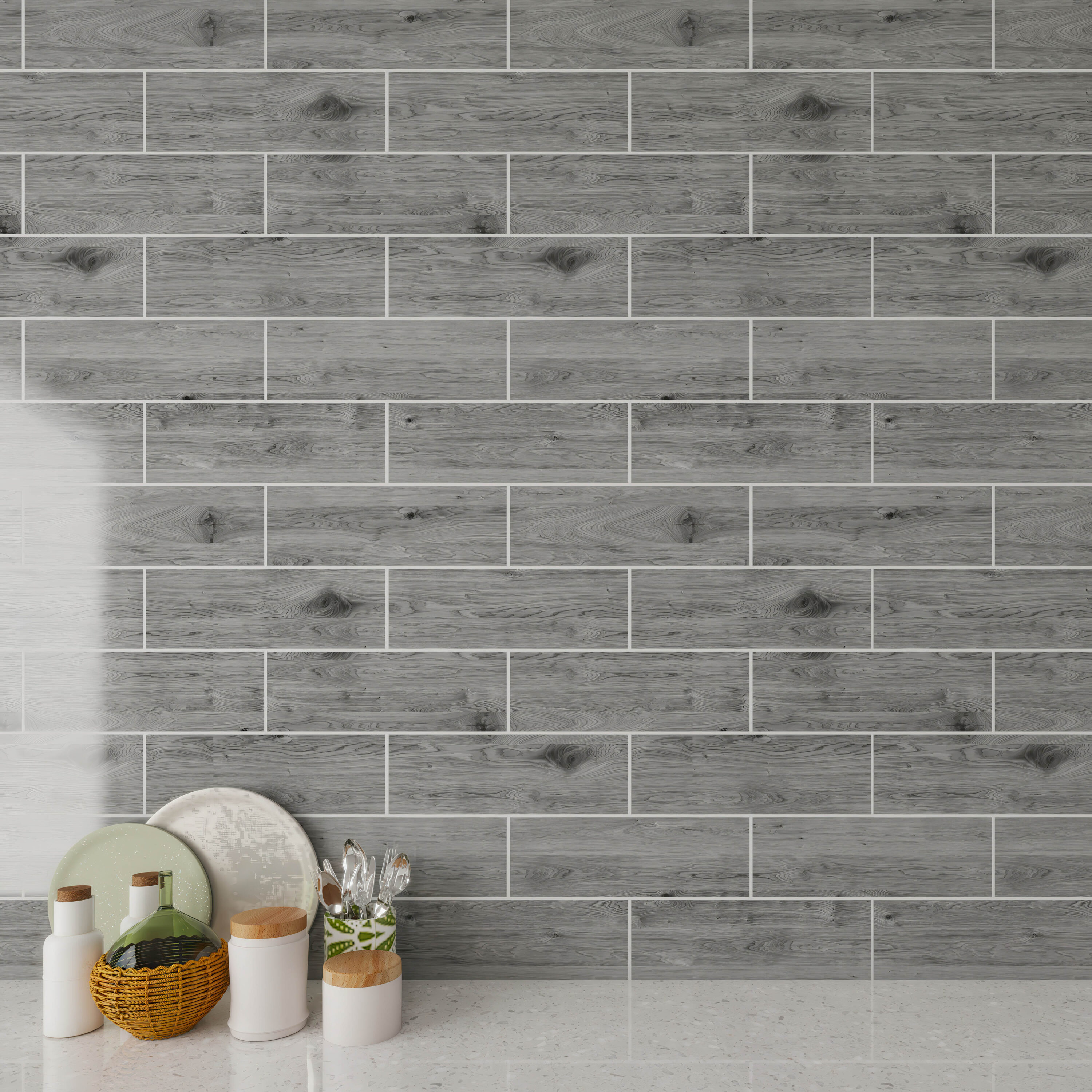 Giorbello (Sample) Platinum Oak 4-in x 12-in Glossy Glass Wood Look Wall Tile