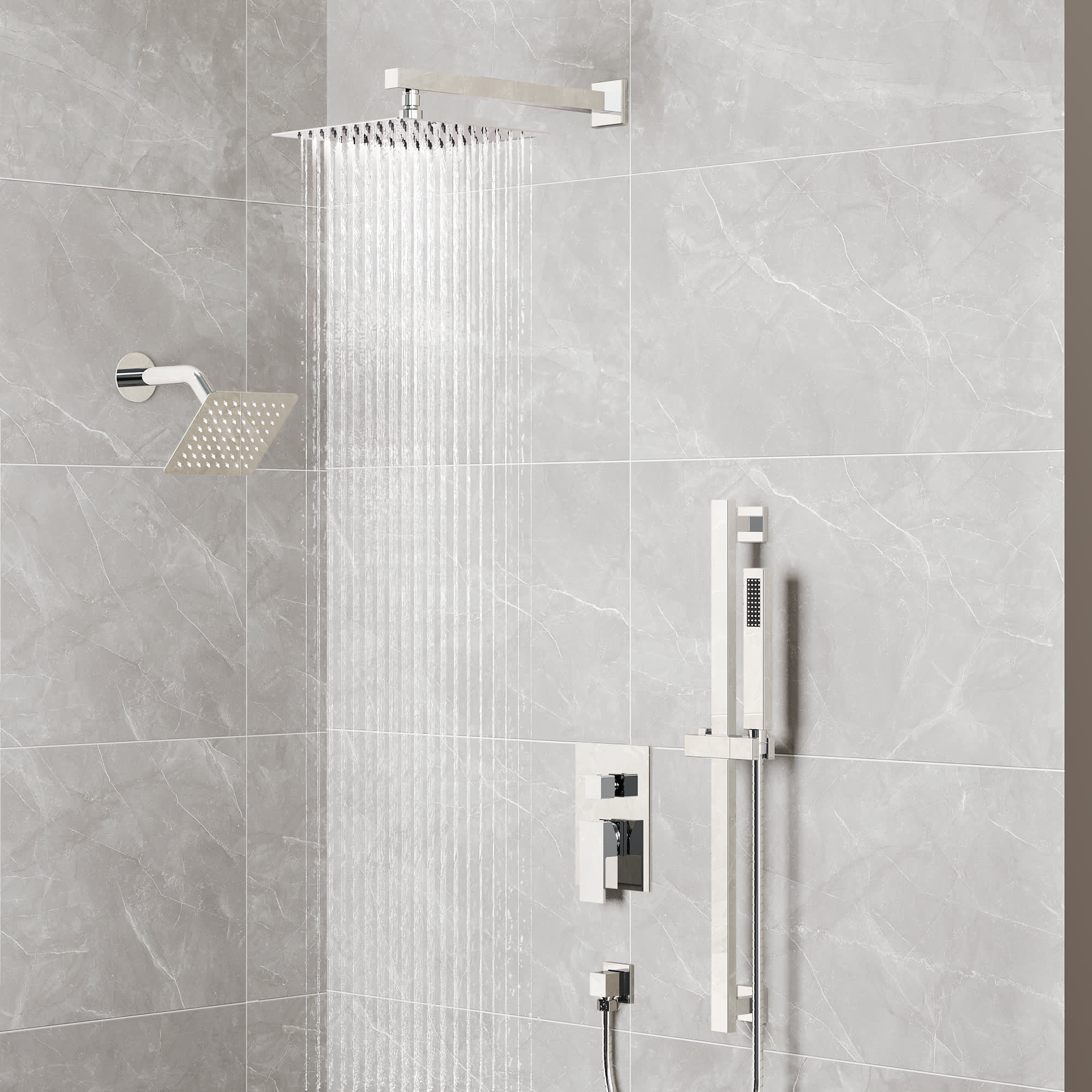 EVERSTEIN SFS-1059-CH10 DualCascade Pressure-Balanced Shower System with Dual Wall Mount Showerheads and Slider Bar Handheld Spray in Chrome