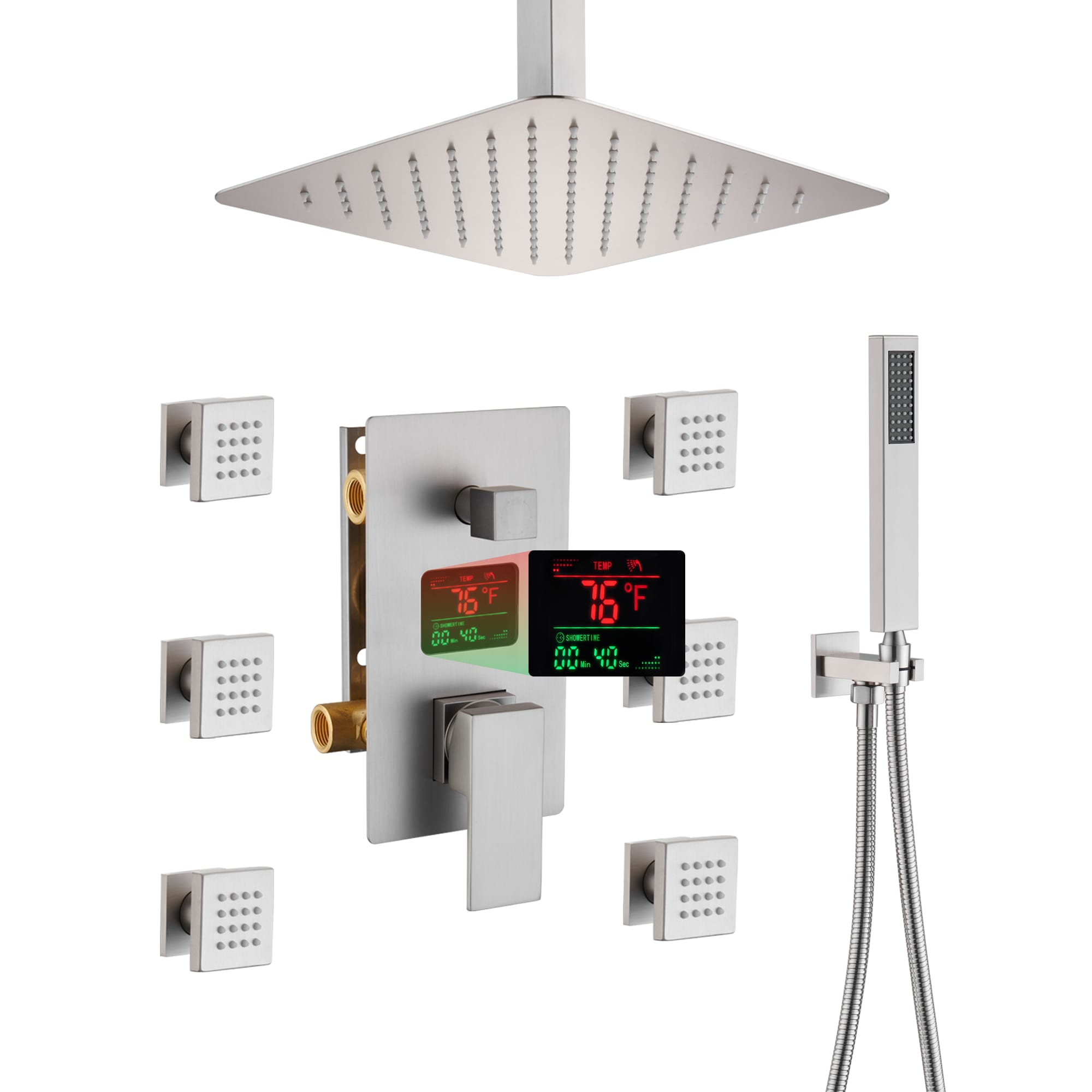 CASAINC WF-W98C02BN-10 Rain Handheld Shower System Body Jets and Digital Display Brushed Nickel 12-in Built-In Shower Faucet System with 3-way Diverter ( Thermostatic Valve Included )