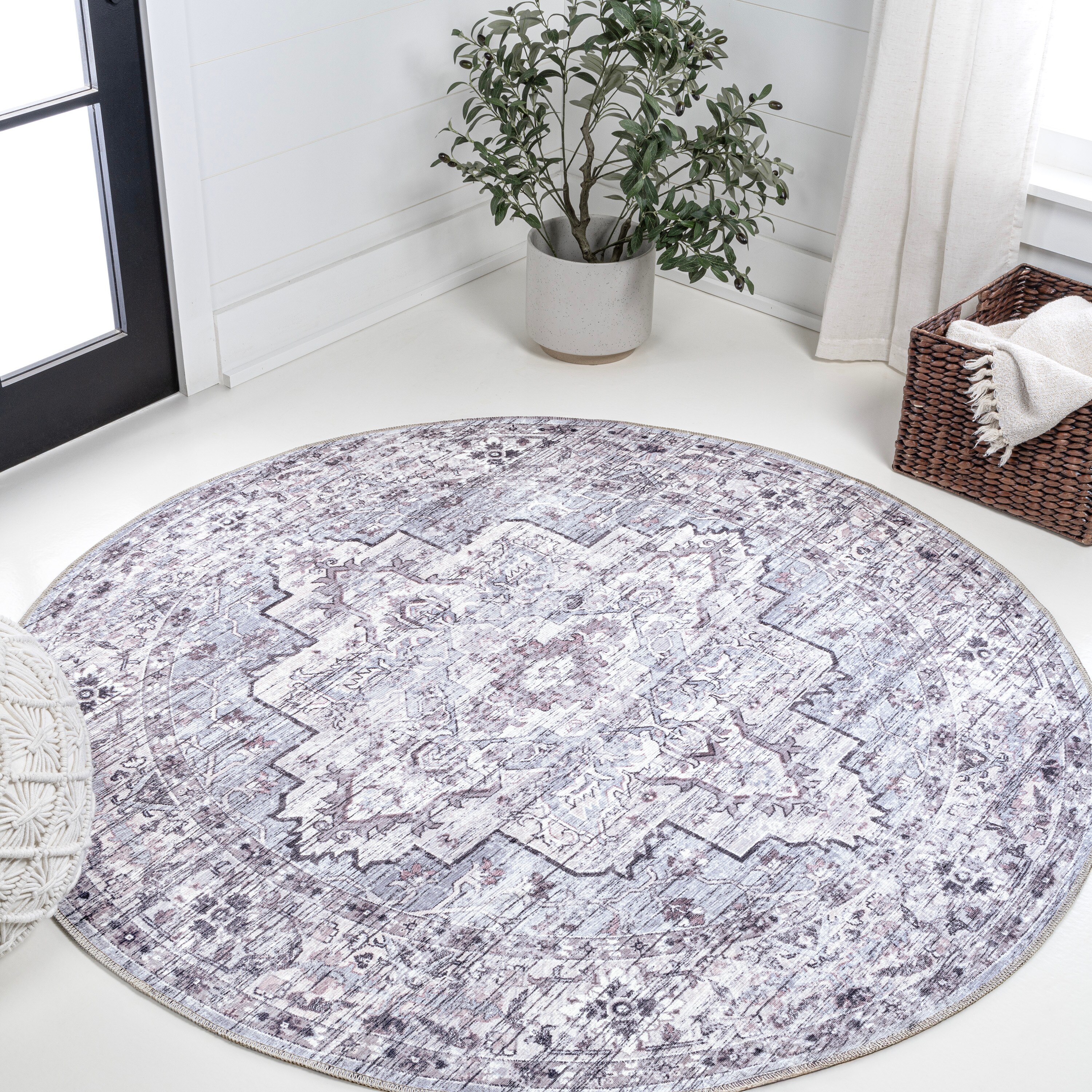 JONATHAN  Y WSH102A-5R WASHABLE Didim Boho 5 x 5 (ft) Loomed Polypropylene Gray/Purple Round Indoor Medallion Bohemian/Eclectic Machine washable Area rug