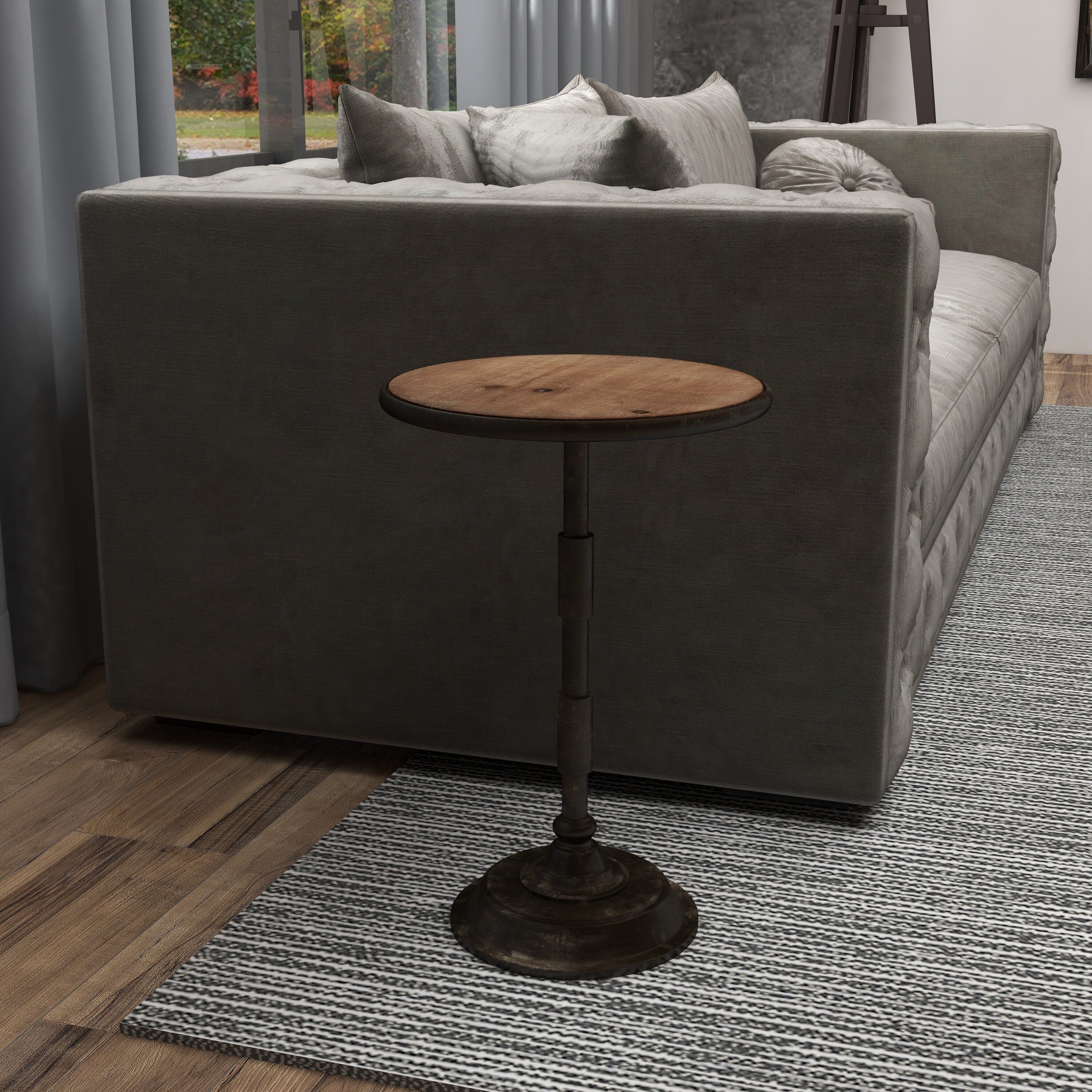 Industrial Black Metal and Brown Wood Round Accent Table