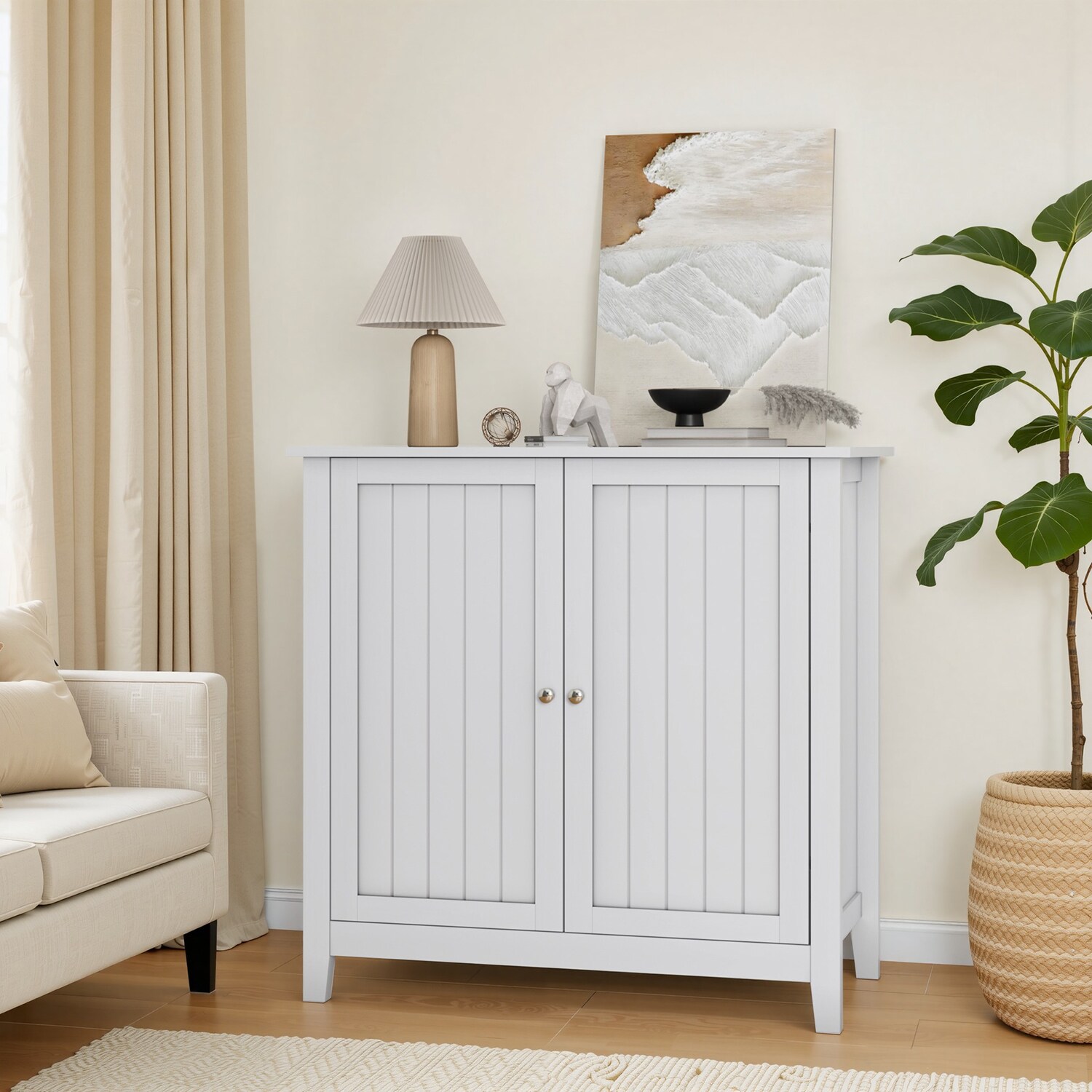 White vertical slat cabinet in a living area