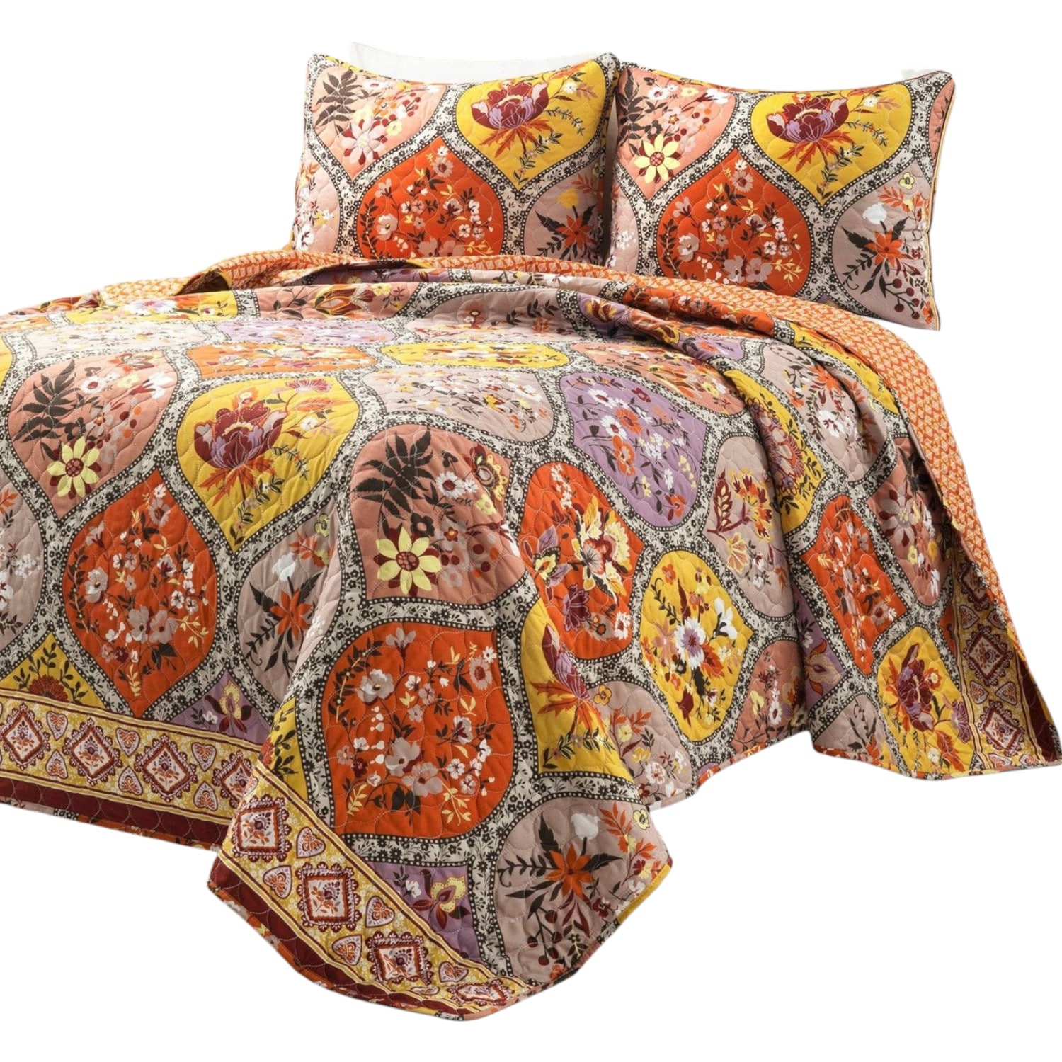Slickblue D-FR-KIGDGH2155 3-Piece Orange Mauve Yellow King or Full/Queen Cotton Reversible Quilt Bedding Set with Boho Floral and Leaf Patterns for Bedrooms