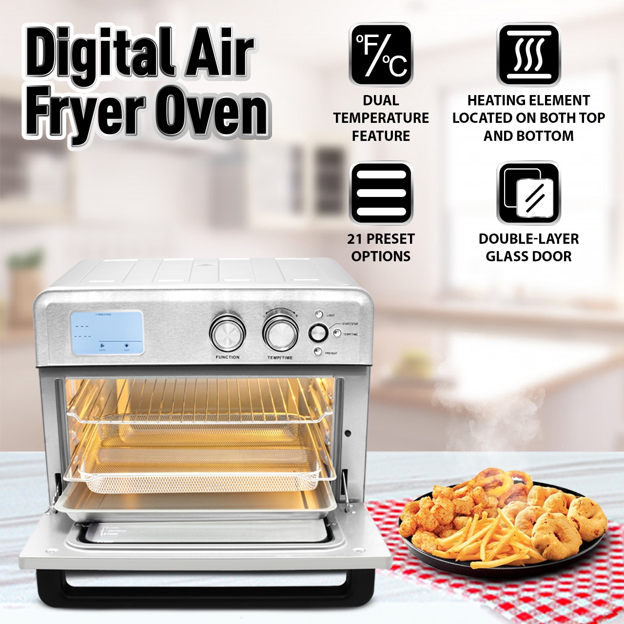 Emerald 26 Quart Silver 1800W Digital Air Fryer, Countertop Oven, Roast,  Bake, Broil, Reheat, Fry Oil-Free 3 Tray Accessories With Large Visible  Window (SM-AIR-1899) 