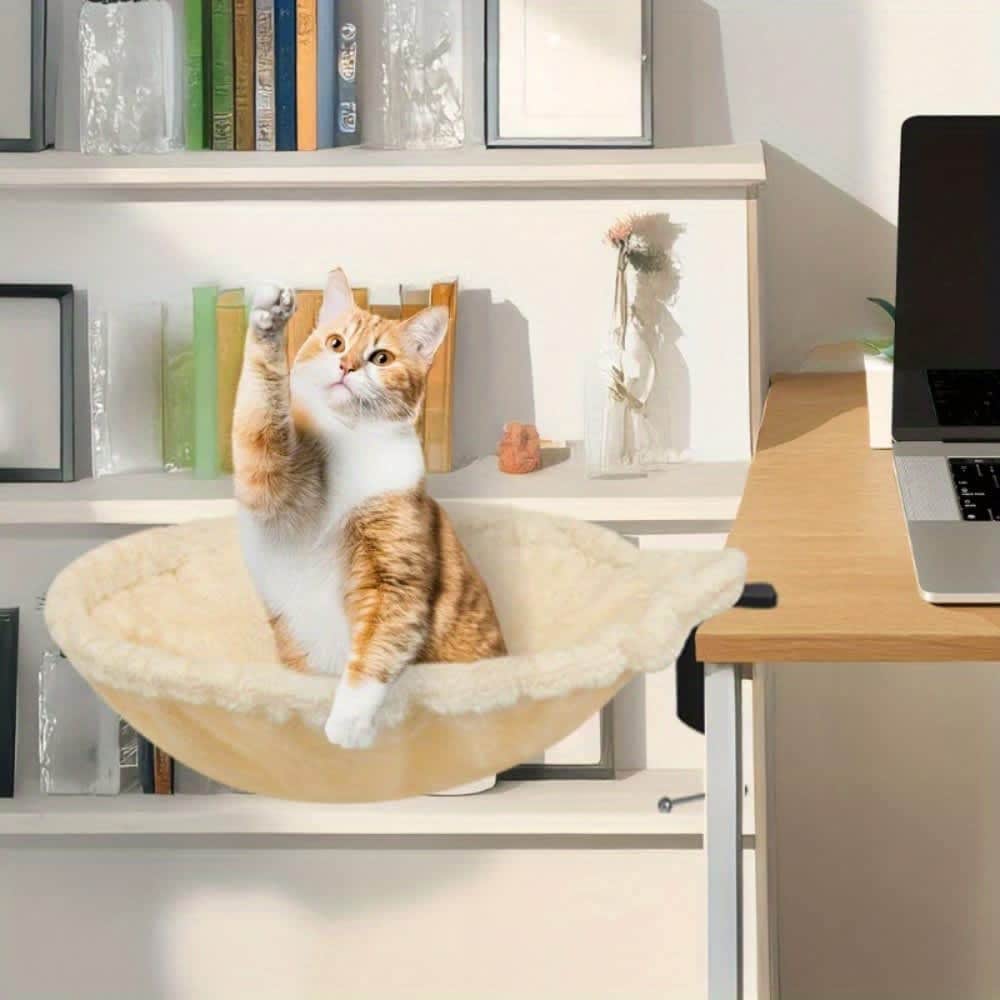 U-HOMY Beige Cat Desk Bed with Soft Plush and Iron Frame