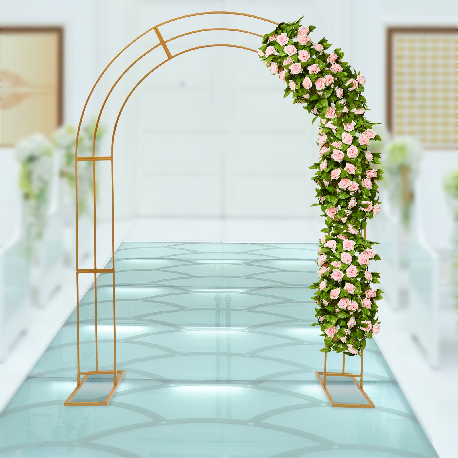 CNCEST YLJHKTW4WDZJ8 6.89-ft W x 8.53-ft H Arched Large Gold 3-layer Arch for Wedding Party Steel Garden Arbor