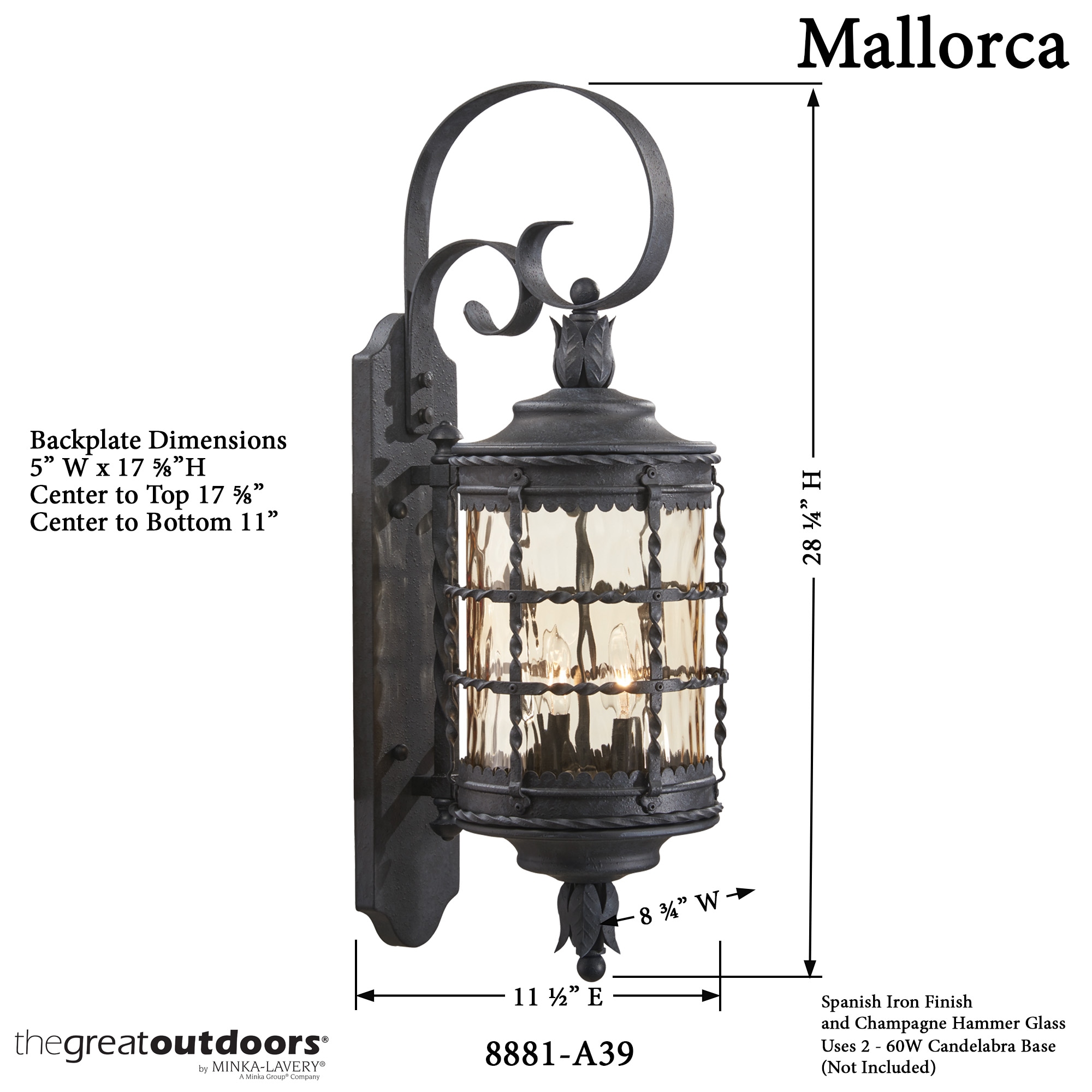 Minka Lavery Mallorca 2-Light 28.25-in Spanish Iron Outdoor Wall Light