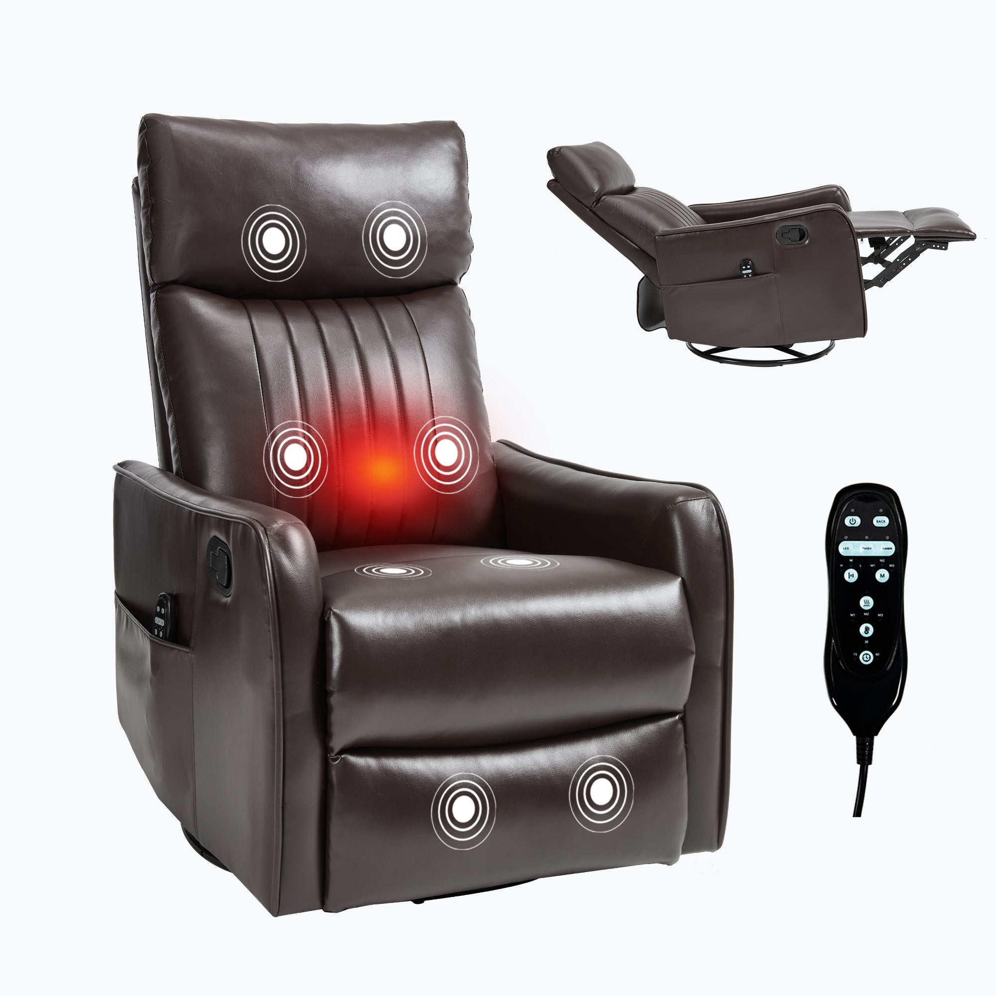 Boyel Living BL-CM825BNP Brown Faux Leather Heat Massage Manual Recliner Chair with Rocker and Swivel in Fabric for Living Room