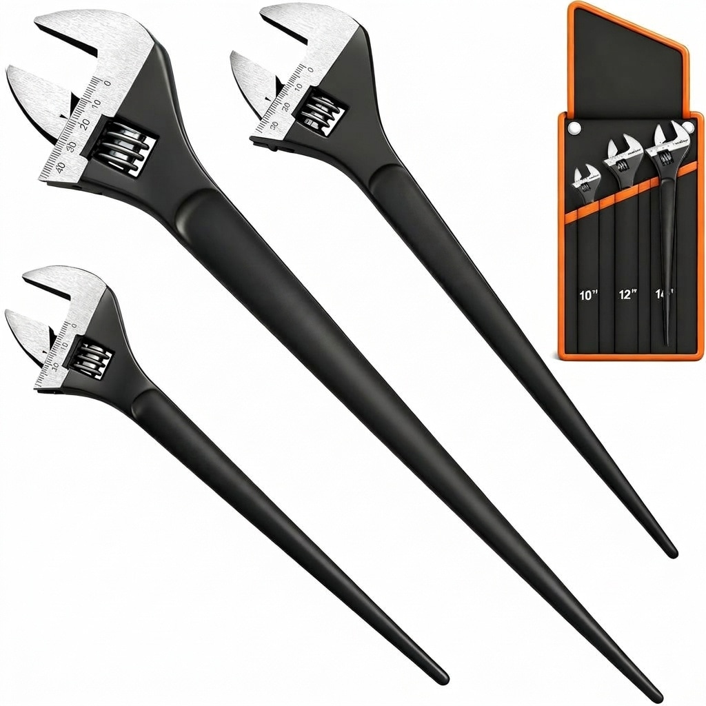 Etokfoks  3 Piece Adjustable Spud Wrench Set CR V Steel SAE Metric Scale Black Oxide Finish Heavy Duty for Construction