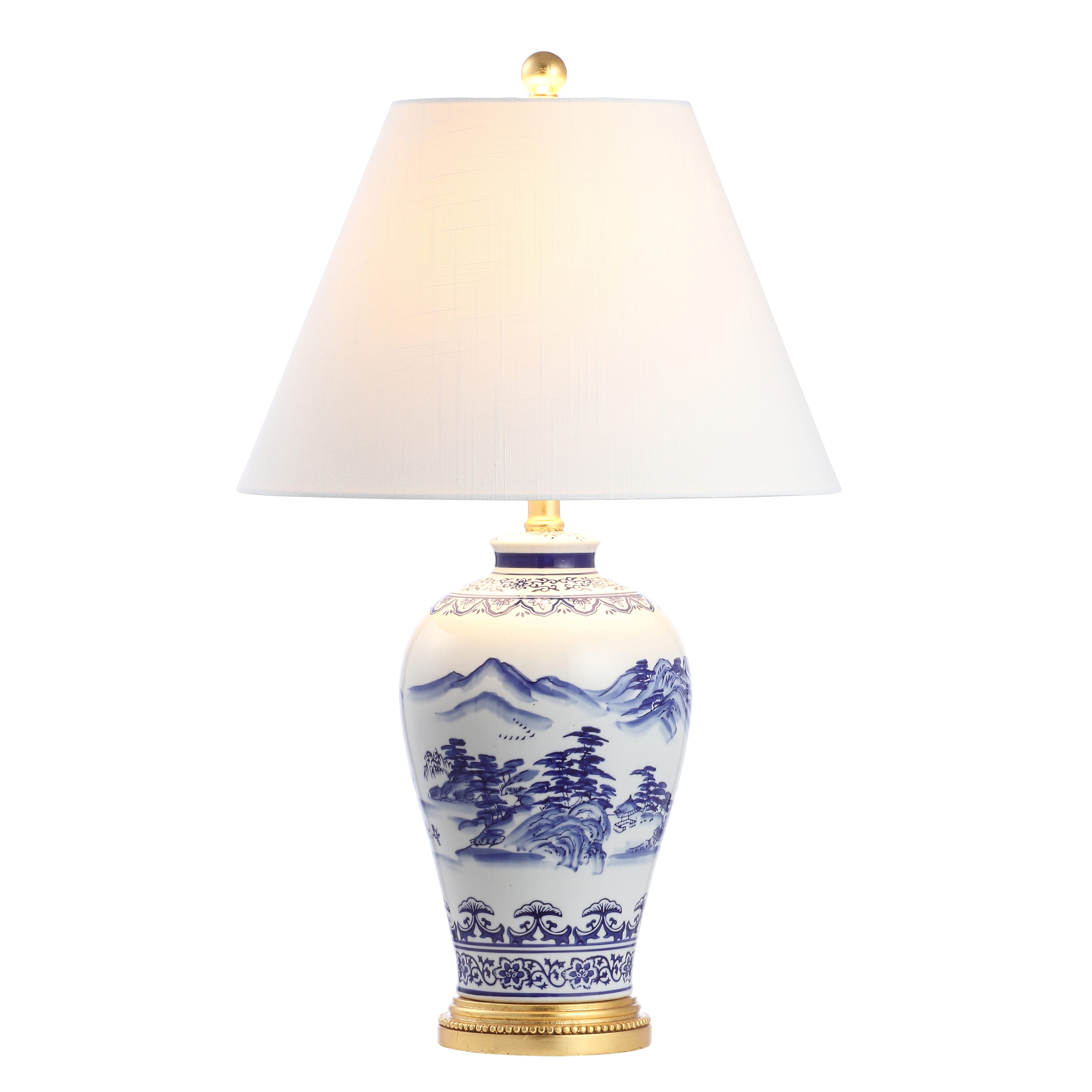 Traditional White and Blue Ceramic Table Lamp with Linen Shade