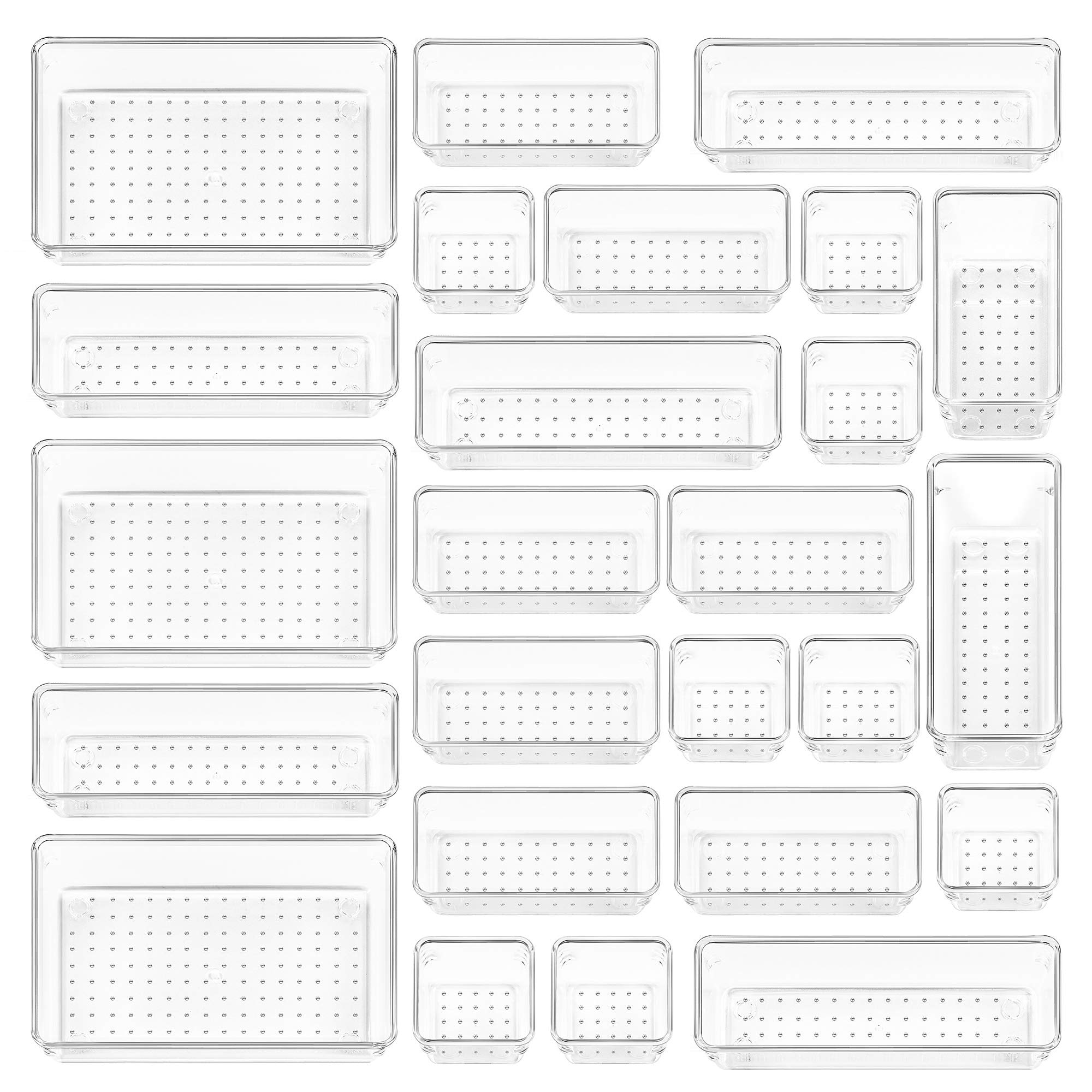 Phewnyzo 25 pcs Clear Plastic Drawer Organizer Set 4 Size Storage Bins for Bathroom Vanity Kitchen Office Makeup Utensils Accessories Non Slip Stackable