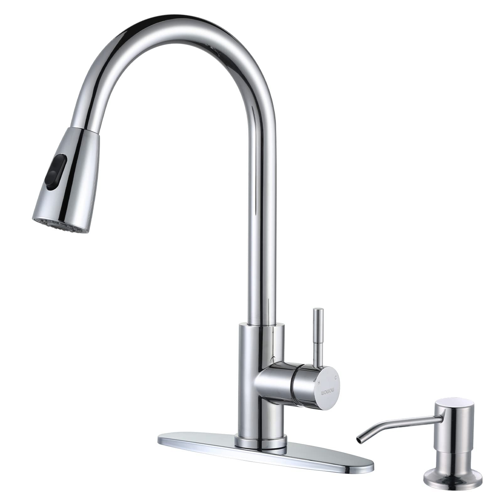 Polished Chrome Single Handle Pull-down Kitchen Faucet with Sprayer (Deck Plate and Soap Dispenser Included) Stainless Steel | - WOWOW 2310301C-S