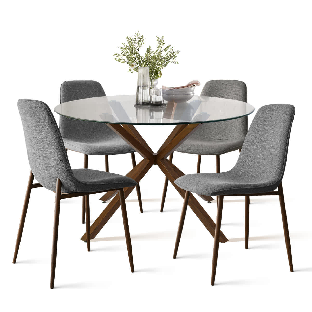 Maison Boucle OLIVER100+OSLO-GRY4 5 Piece Round Clear Glass Dining Table Set with 4 Gray Dining Chairs and Walnut Finish Metal Legs