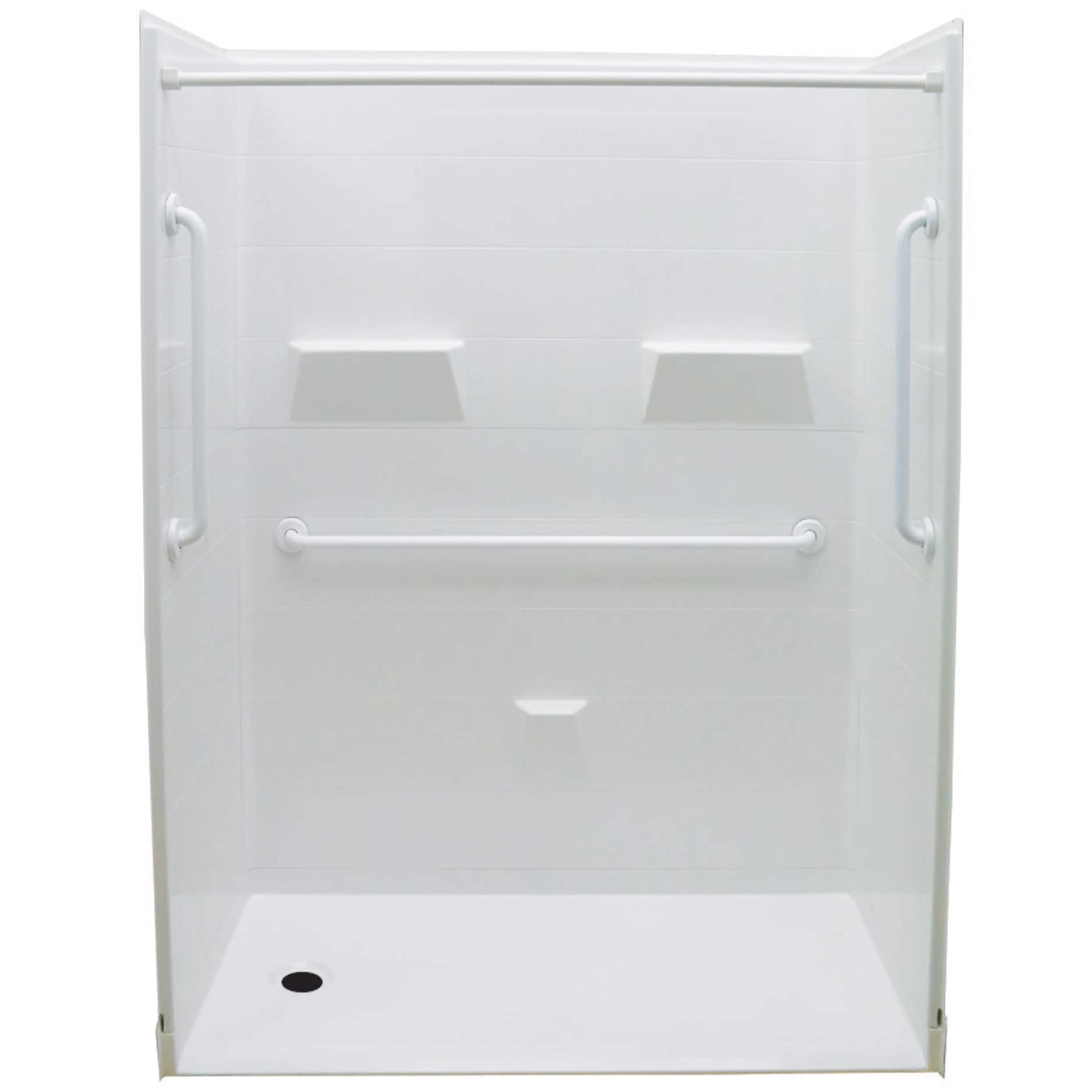 Laurel Mountain Whitwell ADA Roll-In Zero Threshold- Barrier Free White 33-in x 62-in x 78-in Base/Wall One-Piece Shower Kit with Folding Seat