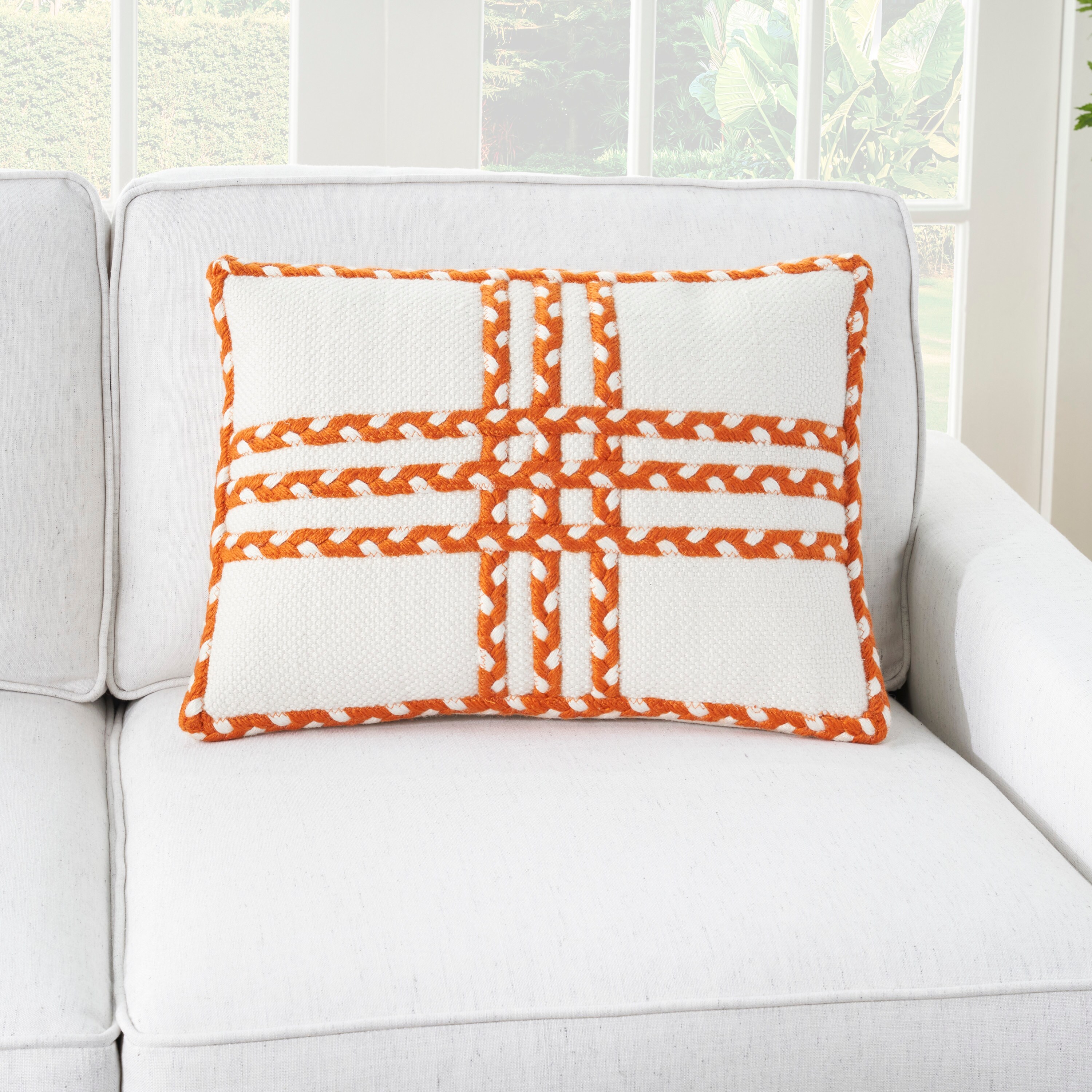 Orange and White Braided Rectangular Outdoor Throw Pillow