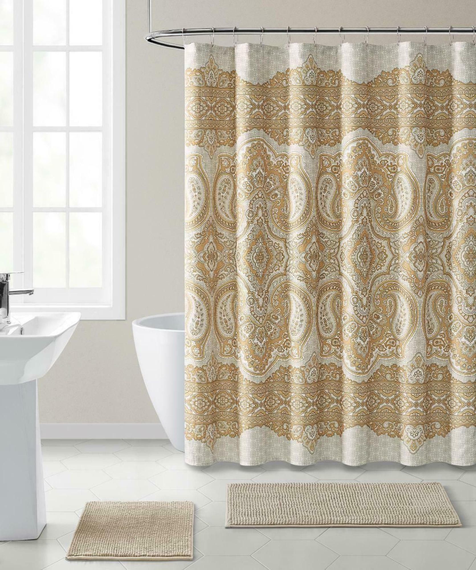 KATE AURORA French Chateau Paisley Chic Premium Fabric Shower Curtain Gold