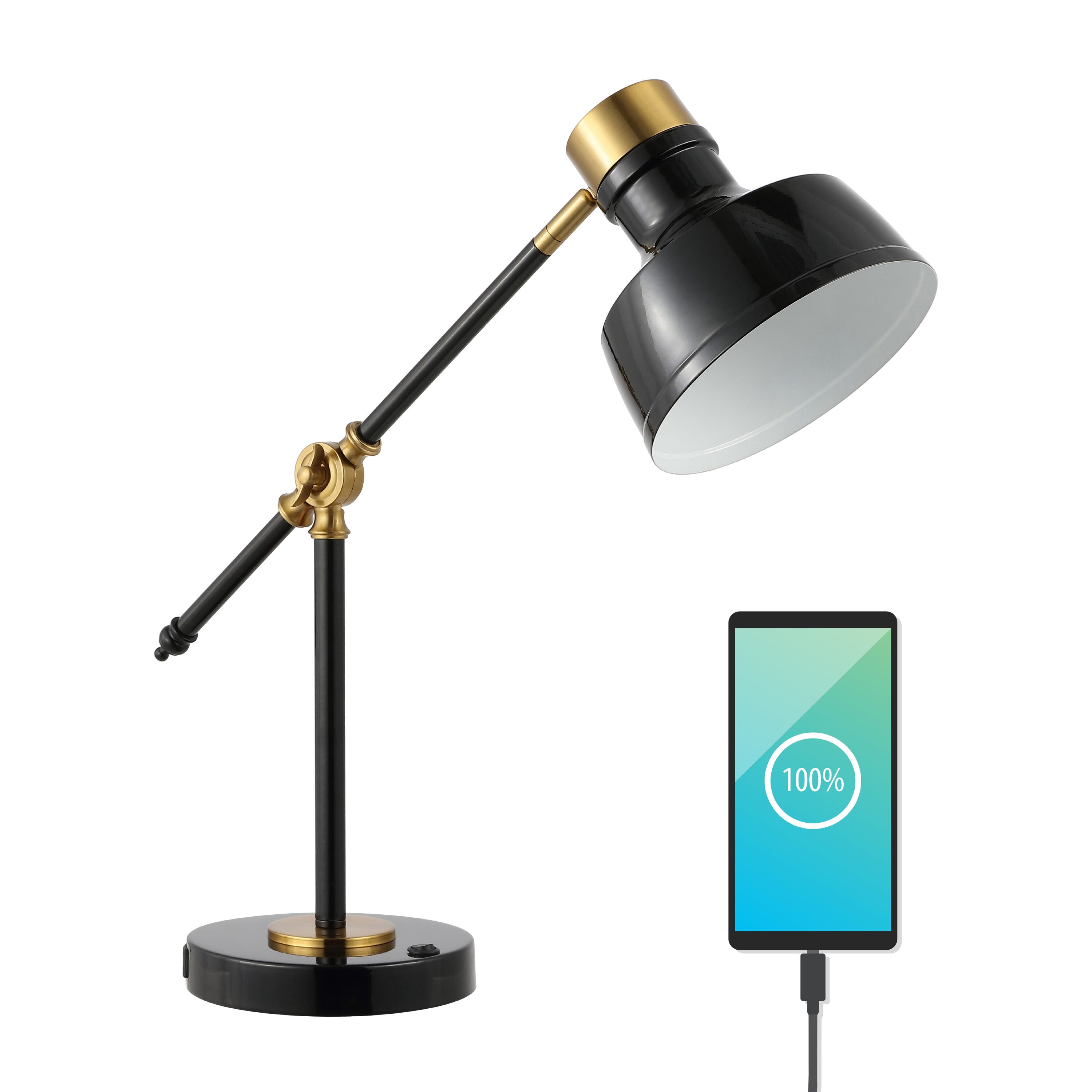 Adjustable Black and Brass Gold Edison Task Lamp with USB Port