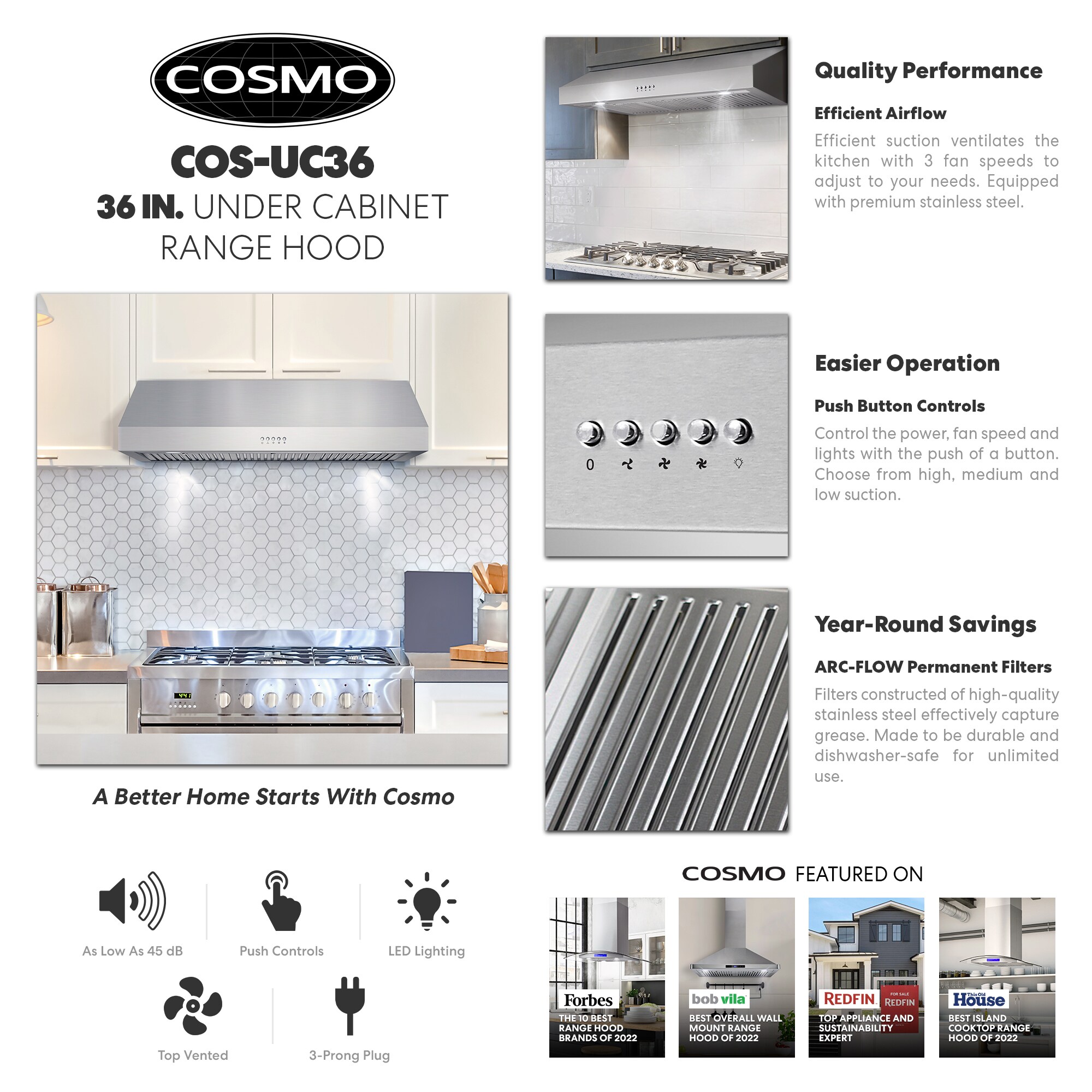 COS-36IRHP, 36″ Stainless Steel Insert Range Hood with Push Button  Controls