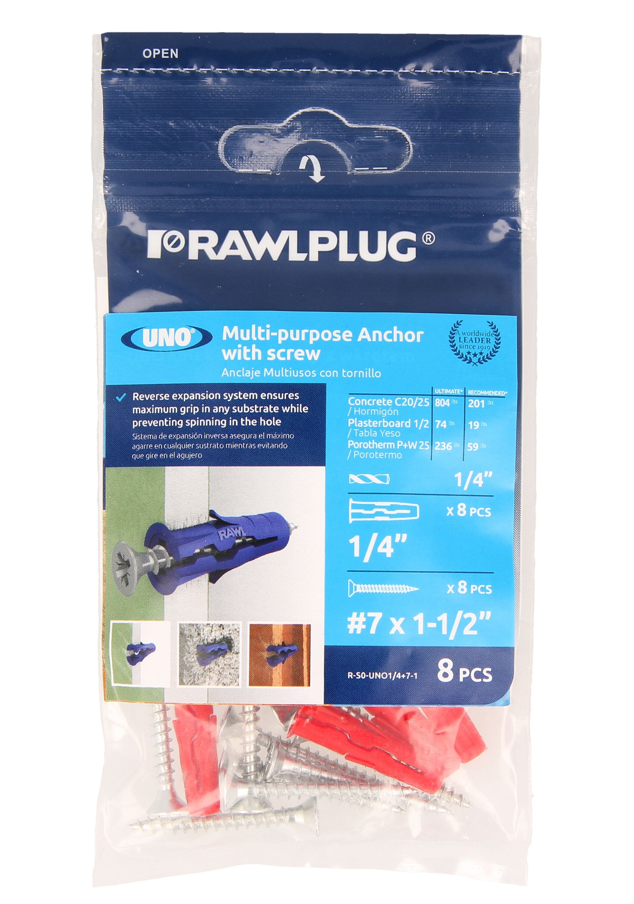 Rawlplug R-S0-UNO14+7-1 UNO 74-lbs. 1/4-in x 1-1/4-in Anchors with Screws Included 8 -Pack