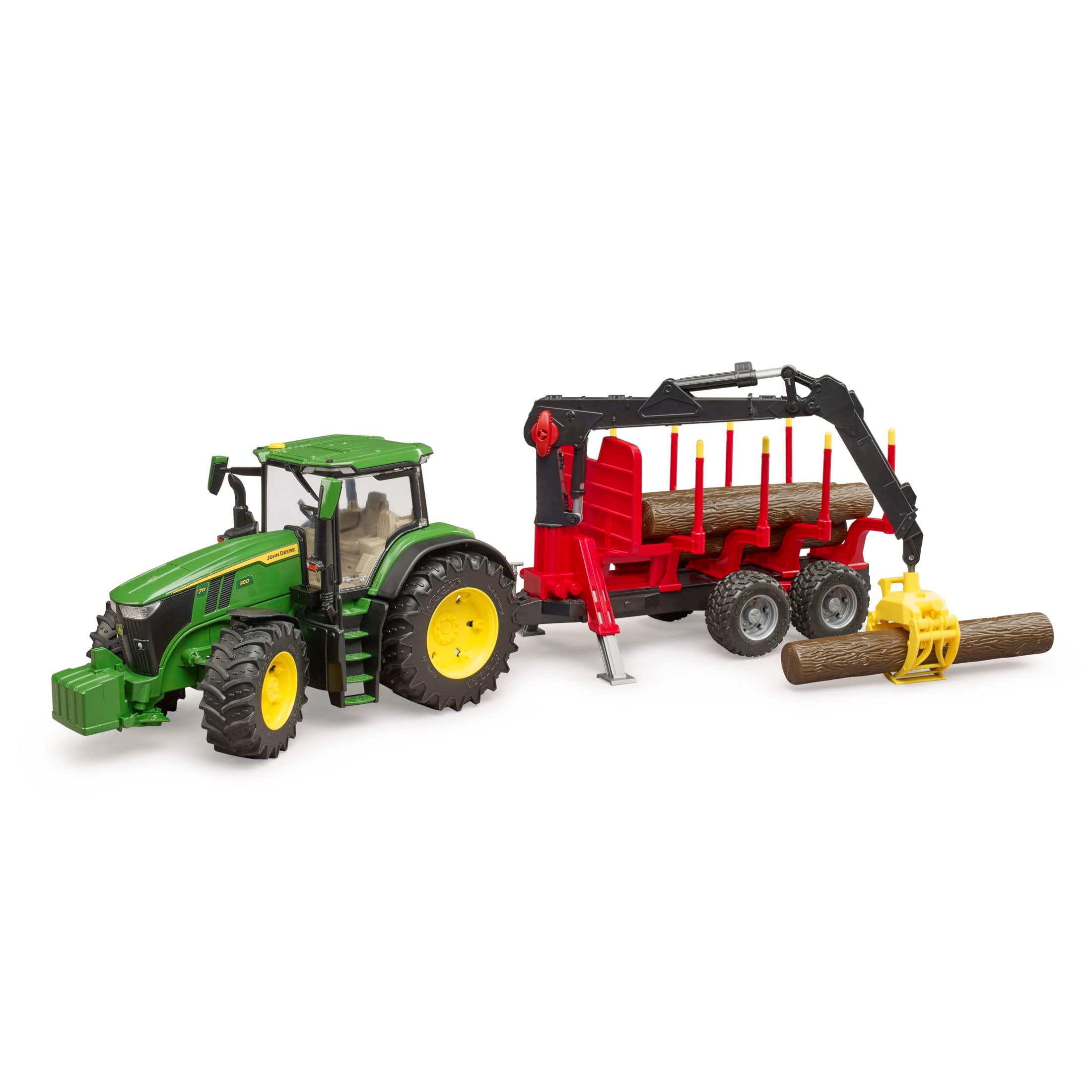 Lehman's 1684943 Bruder John Deere 7R 350 Tractor with Forestry Trailer and 4 Trunks Playset - Trailer Tilts - Oscillating Axle - 09829 Ages 3 and Up
