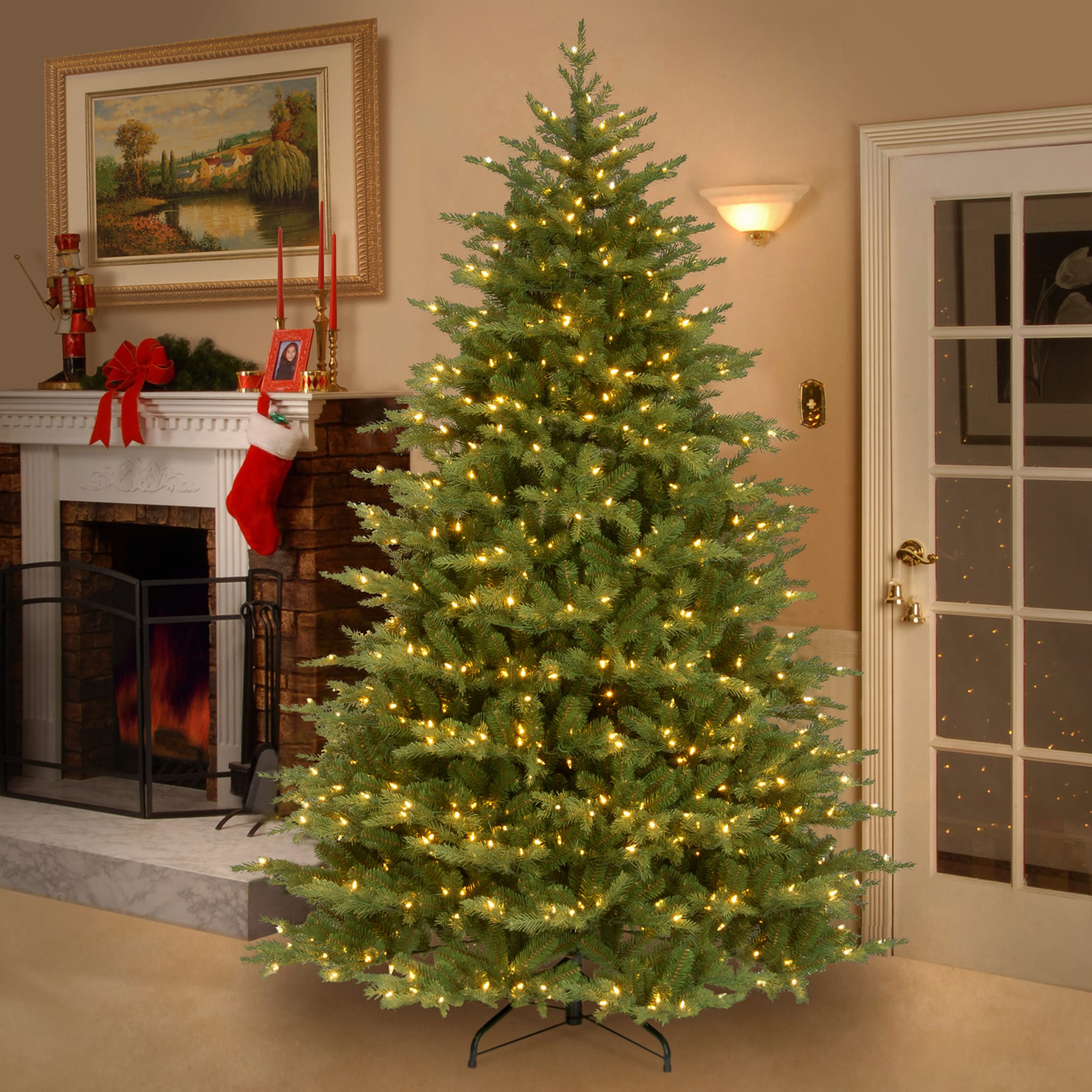 National Tree Company 9 ft. Pre-Lit Artificial Christmas Crystal Pine Hinged Tree, 950 RGB LED Lights- UL Clear