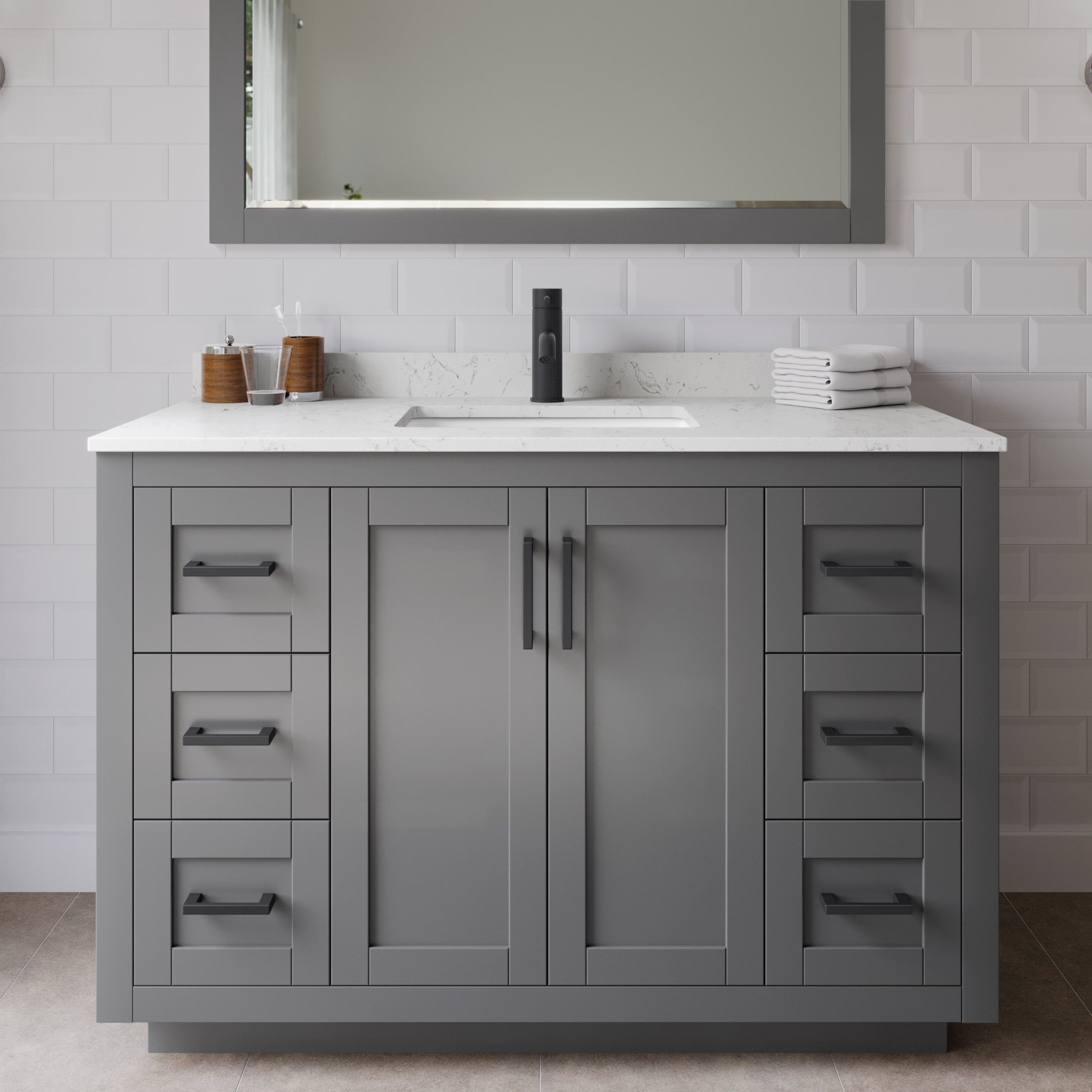 Wyndham Collection WCF292948SGBC2UNSM46 Miranda 48-in Dark Gray with Matte Black Trim Undermount Single sink Bathroom Vanity with Carrara Cultured Marble Cultured marble Top (Mirror Included)