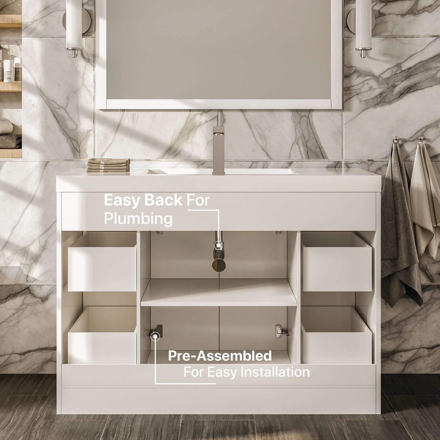 Lugano 48" White Modern Freestanding Single Sink Bathroom Vanity