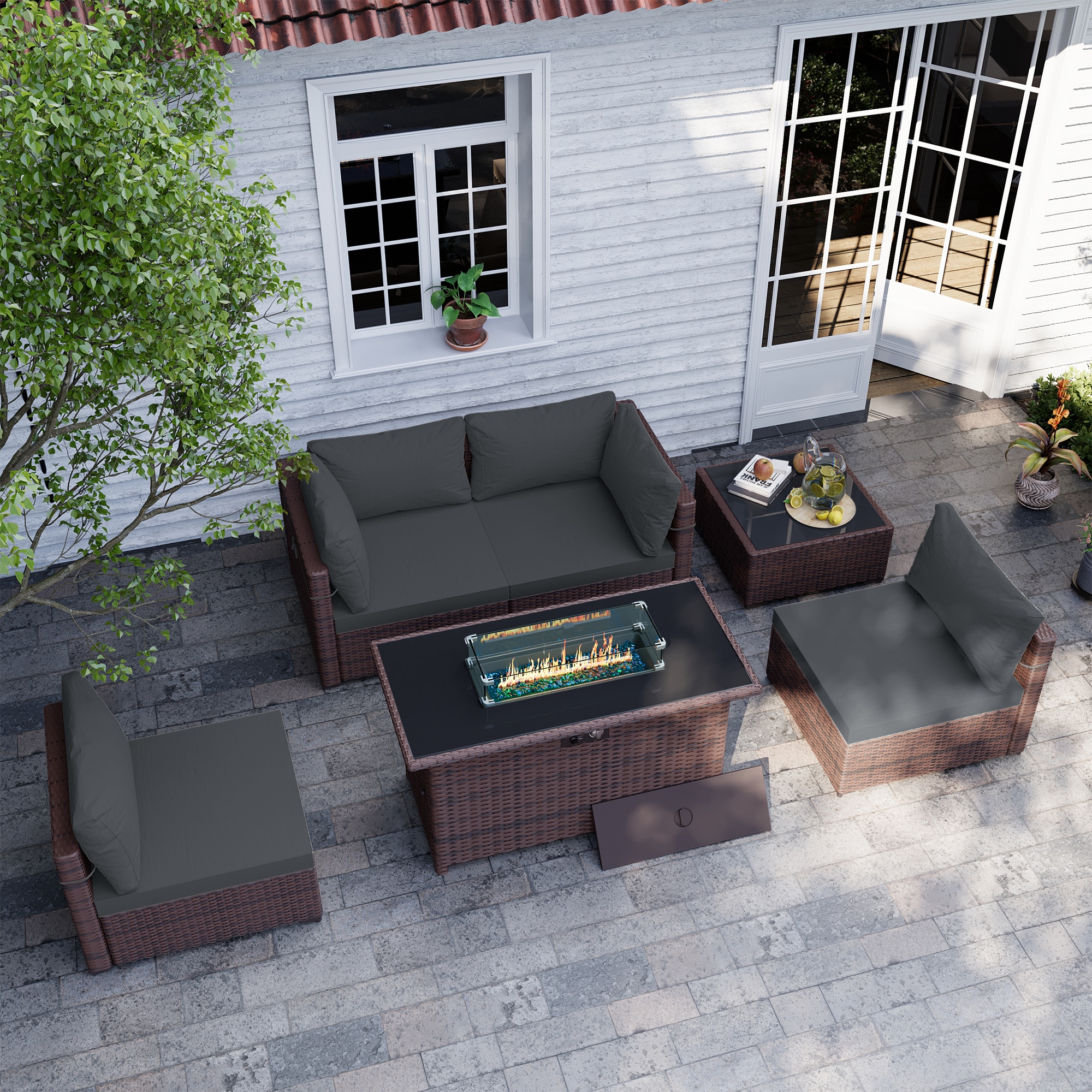 UPHA TBSF-AB43BR-DGRAY 6 -Piece Wicker Patio Conversation Set with Blue Cushions
