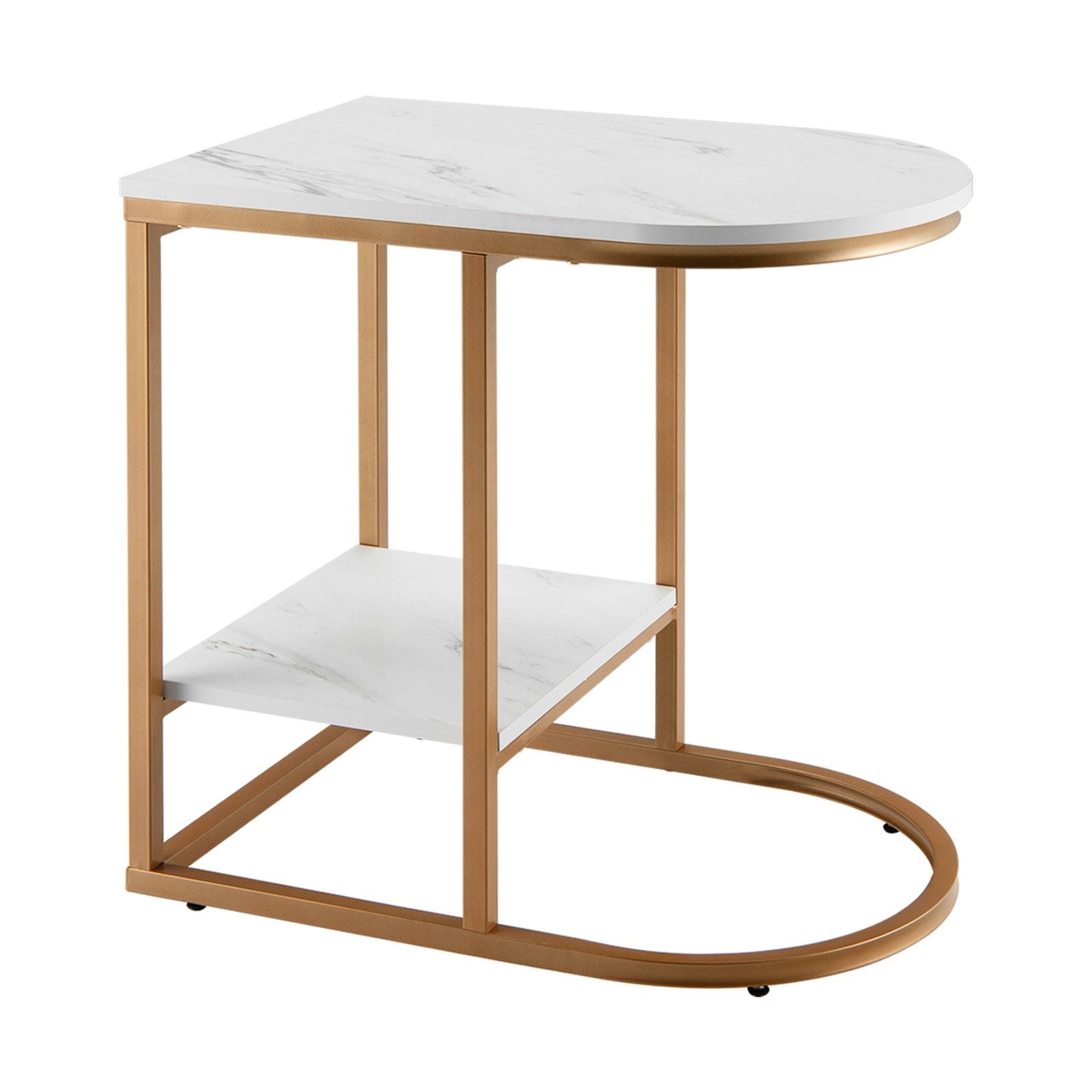 Slickblue White C Shaped Side Table with Marble Like Laminate Top and Lower Shelf Metal Frame Space Saving Accent Table 23.5 in W x 16 in L x 23.5 in H