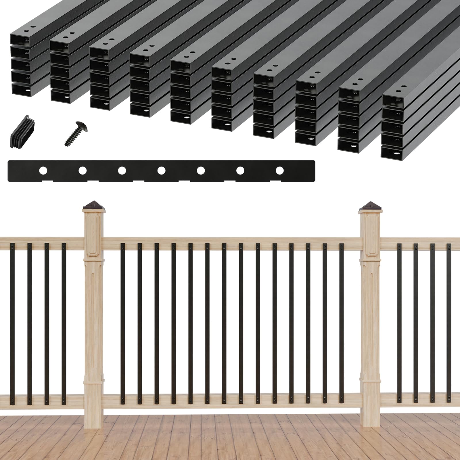 SenQWFa  50 Pack 32 25 in Hollow Aluminum Deck Balusters with Screws Matte Black Rectangular Spindles for Outdoor Porch Railing Includes