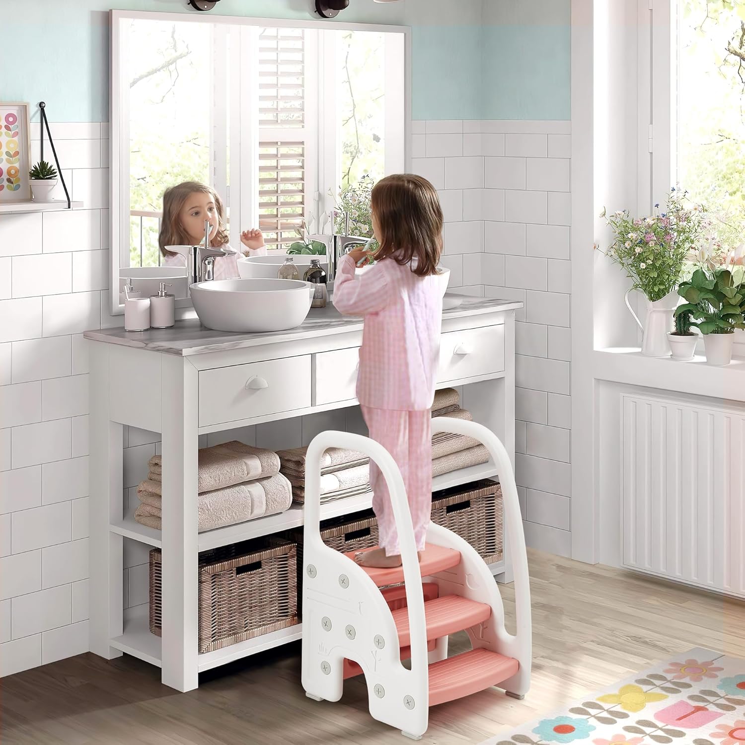 Garvee Toddler Step Stool for Bathroom Sink and Kitchen Counter/ Plastic Kids 3 Step Stool with Handles on Sides for Toilet and Potty Training Lightweight Non-Slip Stepping Stool Helper-Pink