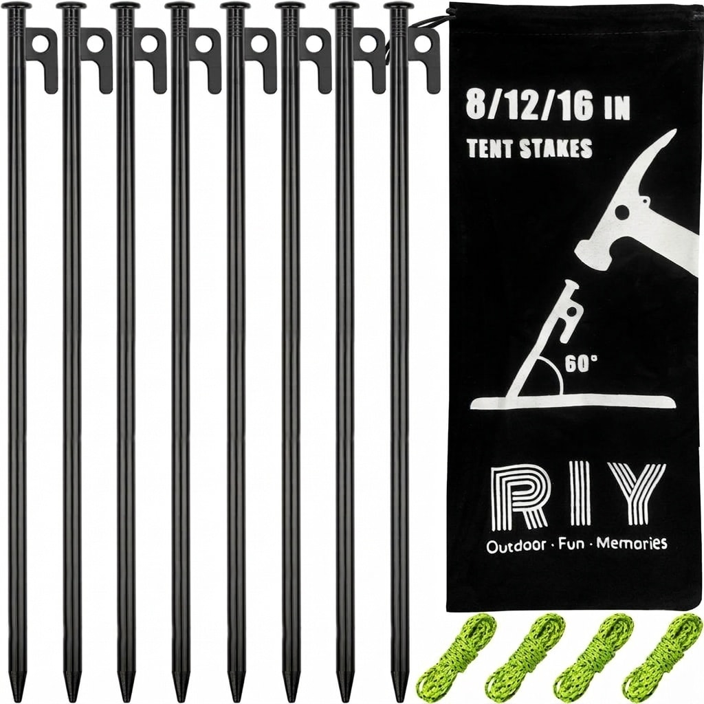 Adrinfly - 8 pack heavy duty metal tent stakes 16 inch steel tent pegs for camping secure anchor...