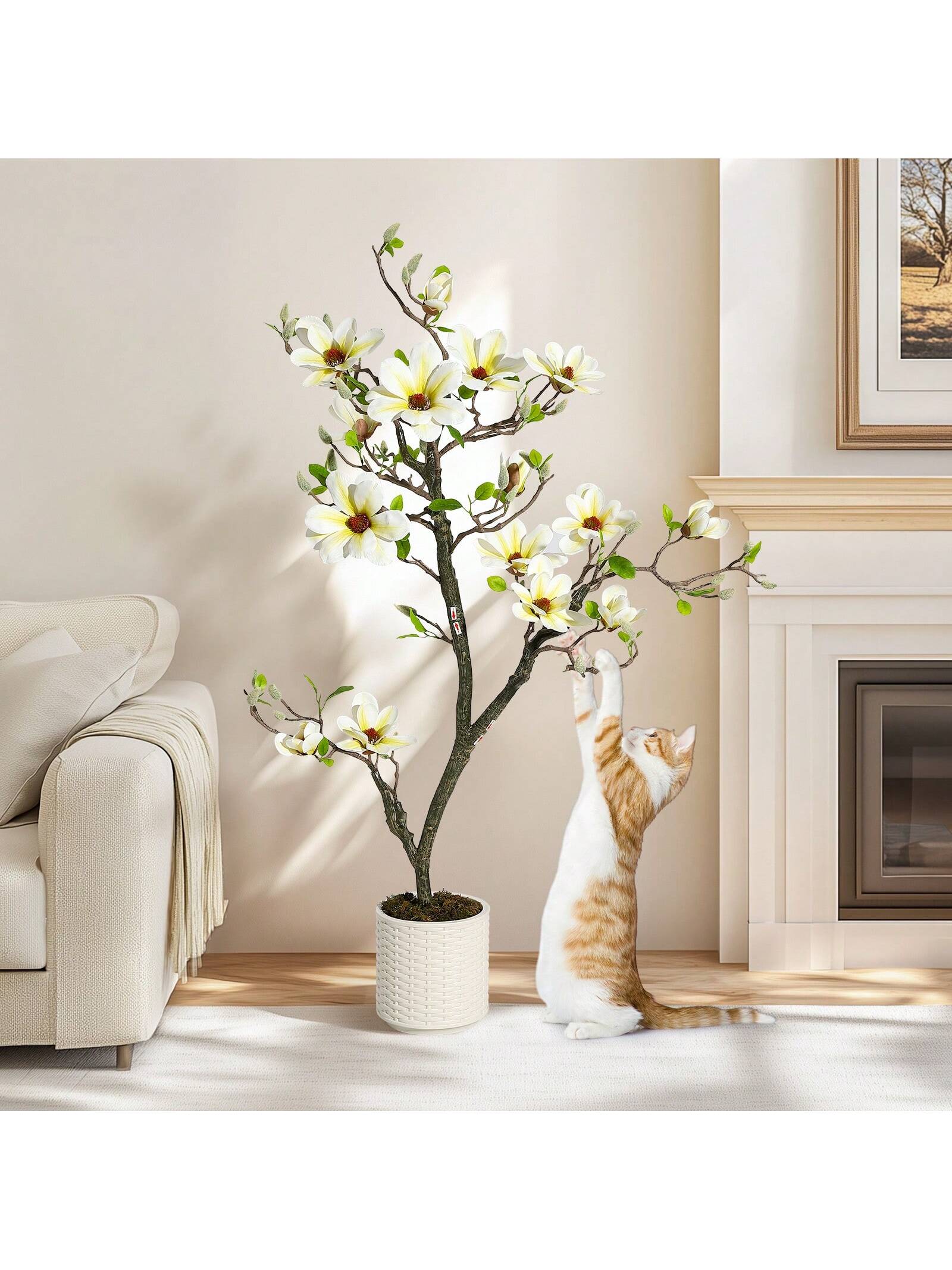 Qeetex PHK-33YJ3X88-HF4 4FT Artificial Magnolia Tree - Indoor Simulation Tree with Realistic Leaves and Flowers - Perfect for Interior Decoration. Living Room. Doorway. Office and Hotel (White)