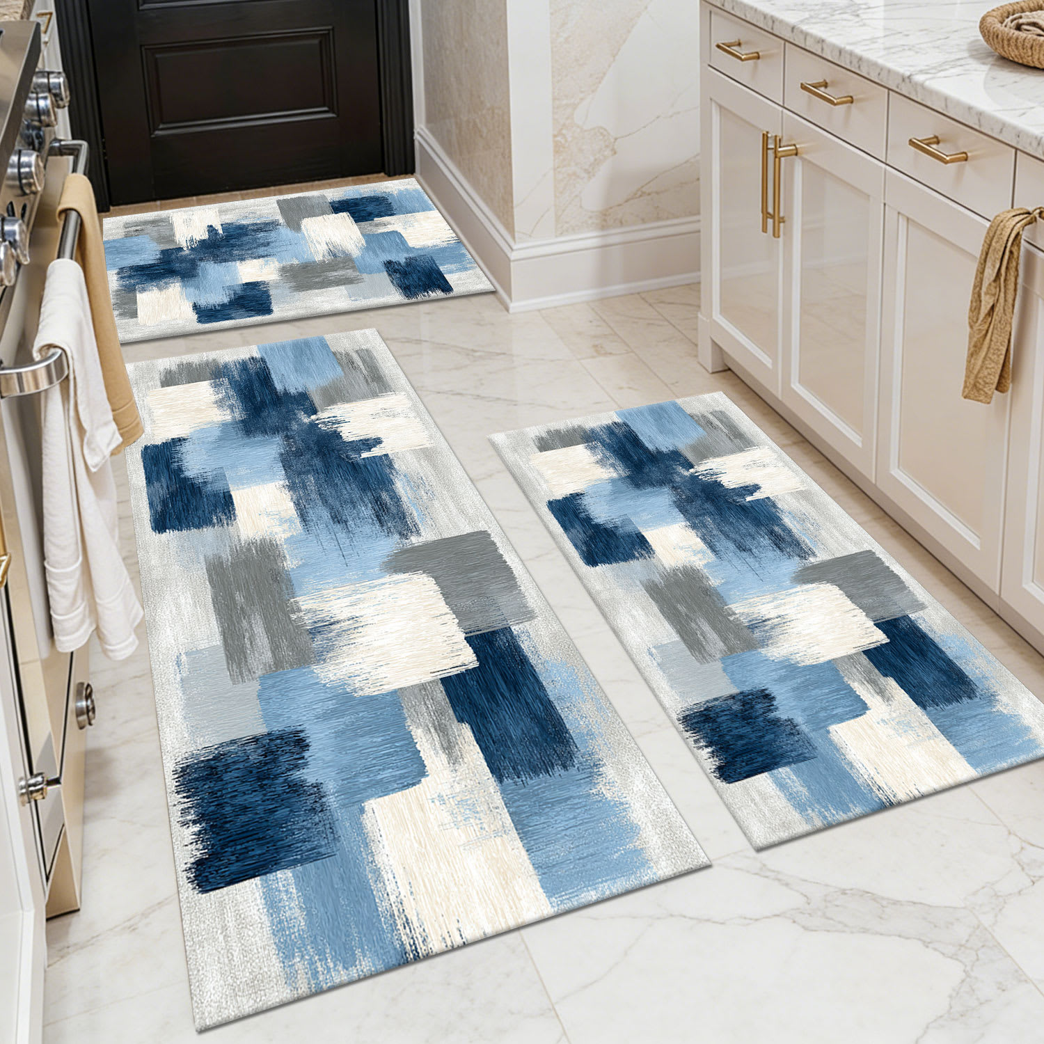 TOBILI  20 x 32in 20 x 47in 20 x 60in Loomed Faux Cashmere Blue White Gray Rectangular Indoor Modern Abstract Block Machine Washable Pet Friendly Rug Set of 3 Piece