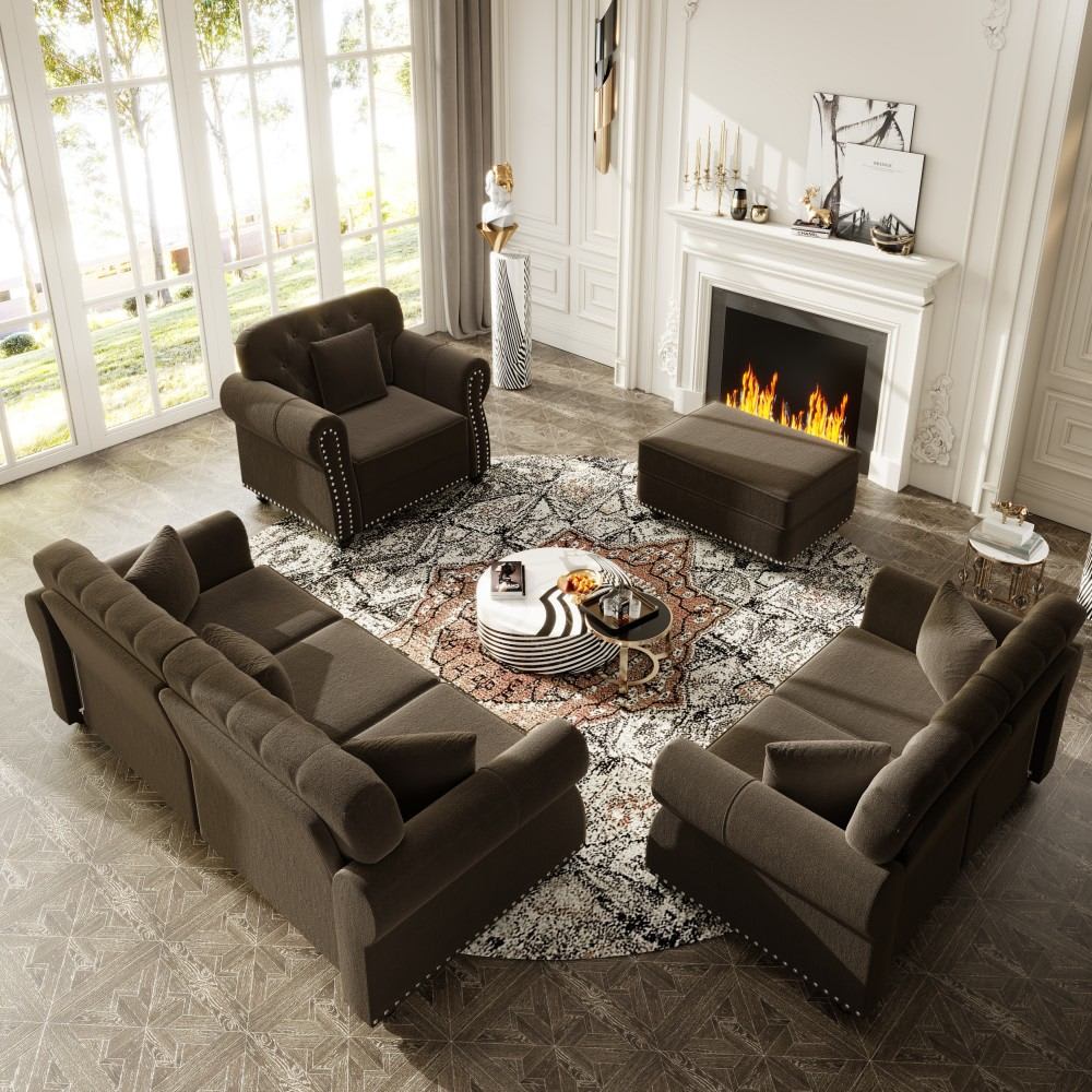 Coolbibila 4-Piece 6 Seat Brown Velvet Living Room Set Mid Century Chesterfield Sofa Loveseat Chair with Ottoman Tufted Nailhead