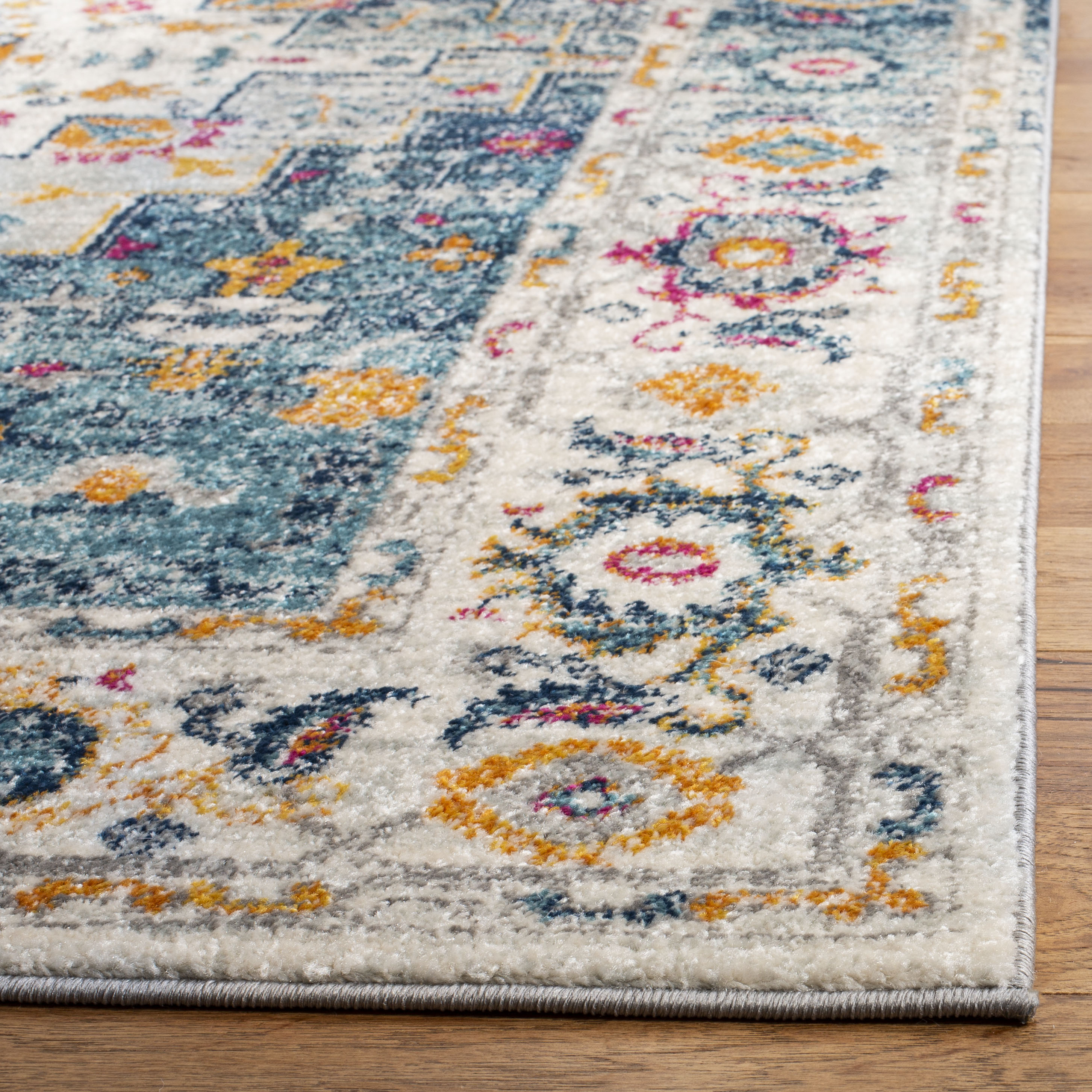 Ivory and Turquoise Rectangular Synthetic Area Rug, 3' x 5'