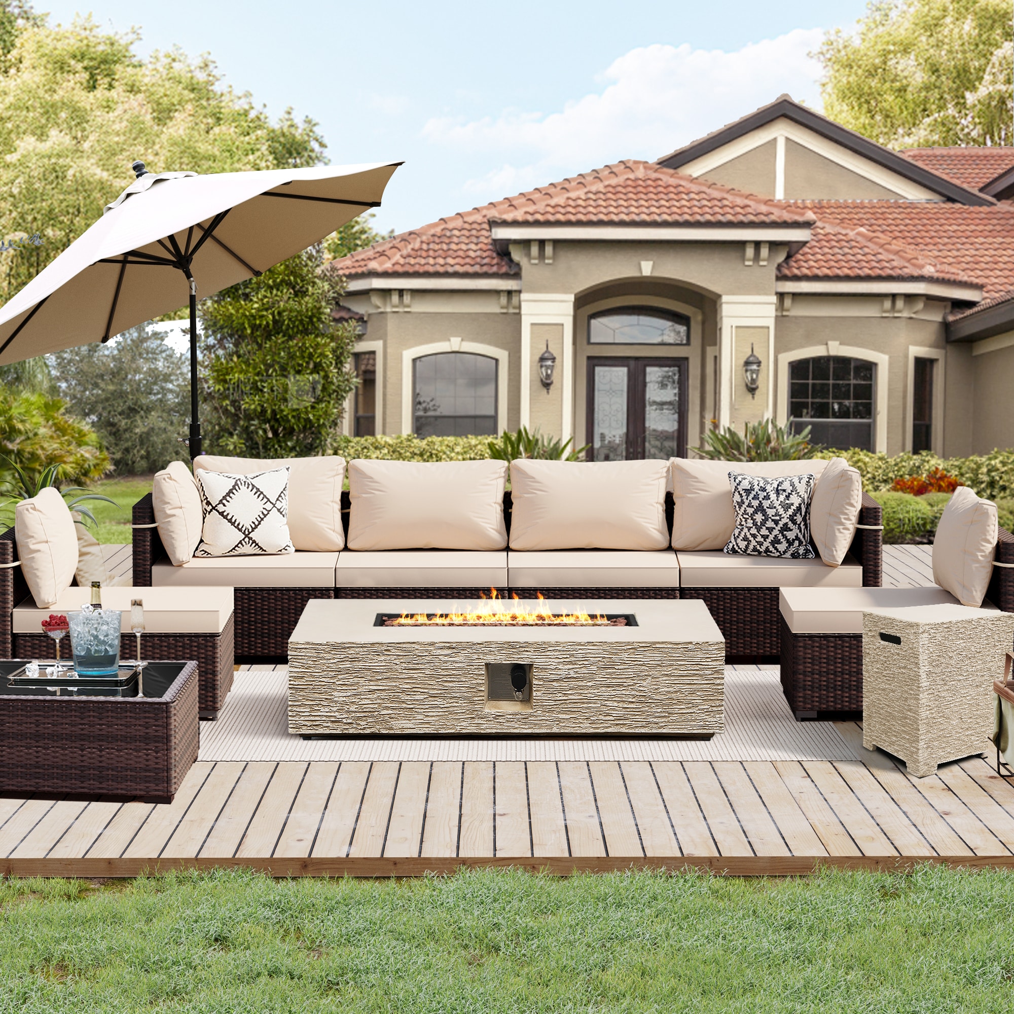 UPHA PL-2CZ-56SBE-Z1-T 8-Pieces Brown Wicker Patio Furniture Set With 56 in. Beige Gas Propane Concrete Fire Pit Table, Conversation Set with Beige Cushions 8 -Piece Wicker 4 Patio Sofa Conversation Set with Beige Cushions