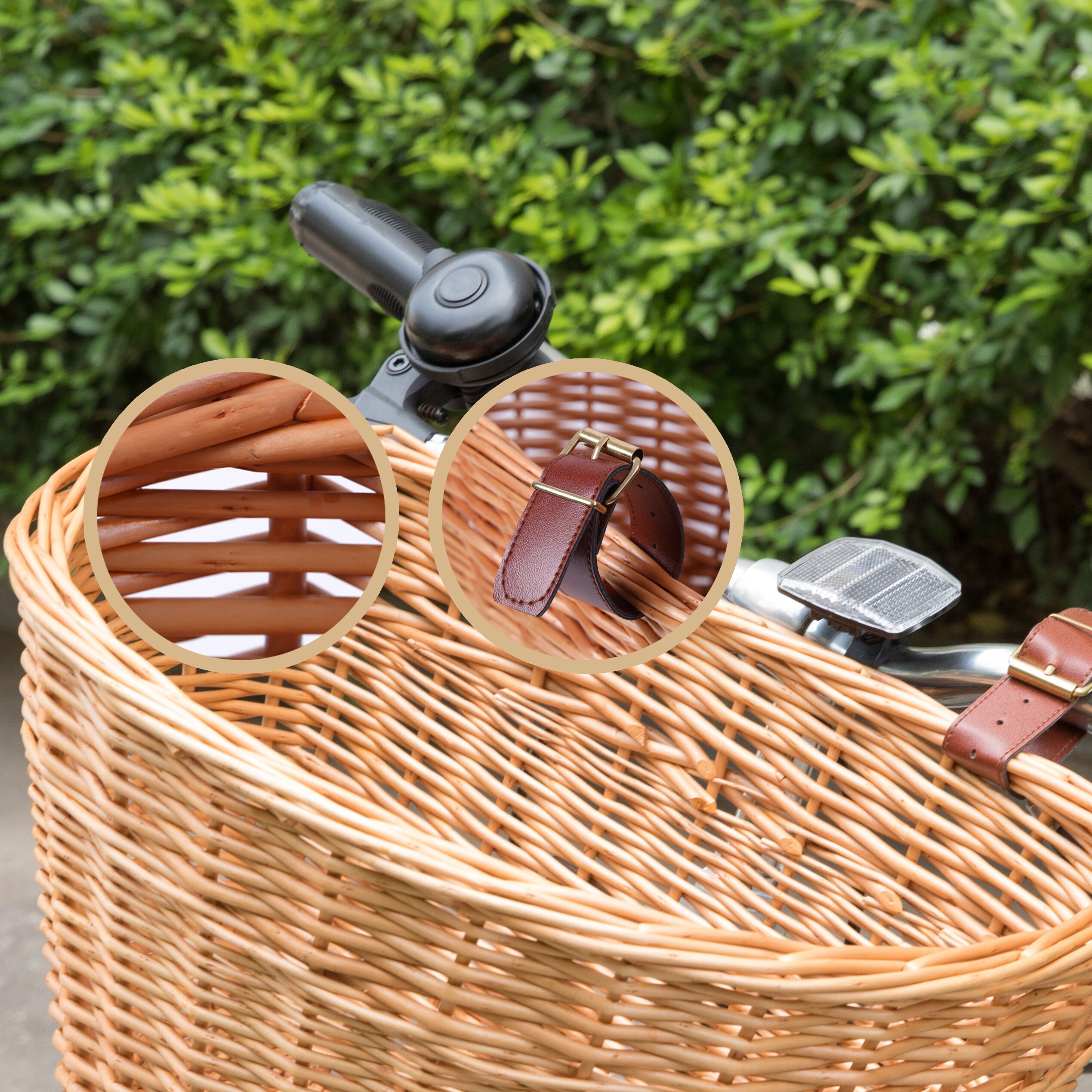 Brown Wicker Front Bike Basket with Faux Leather Straps