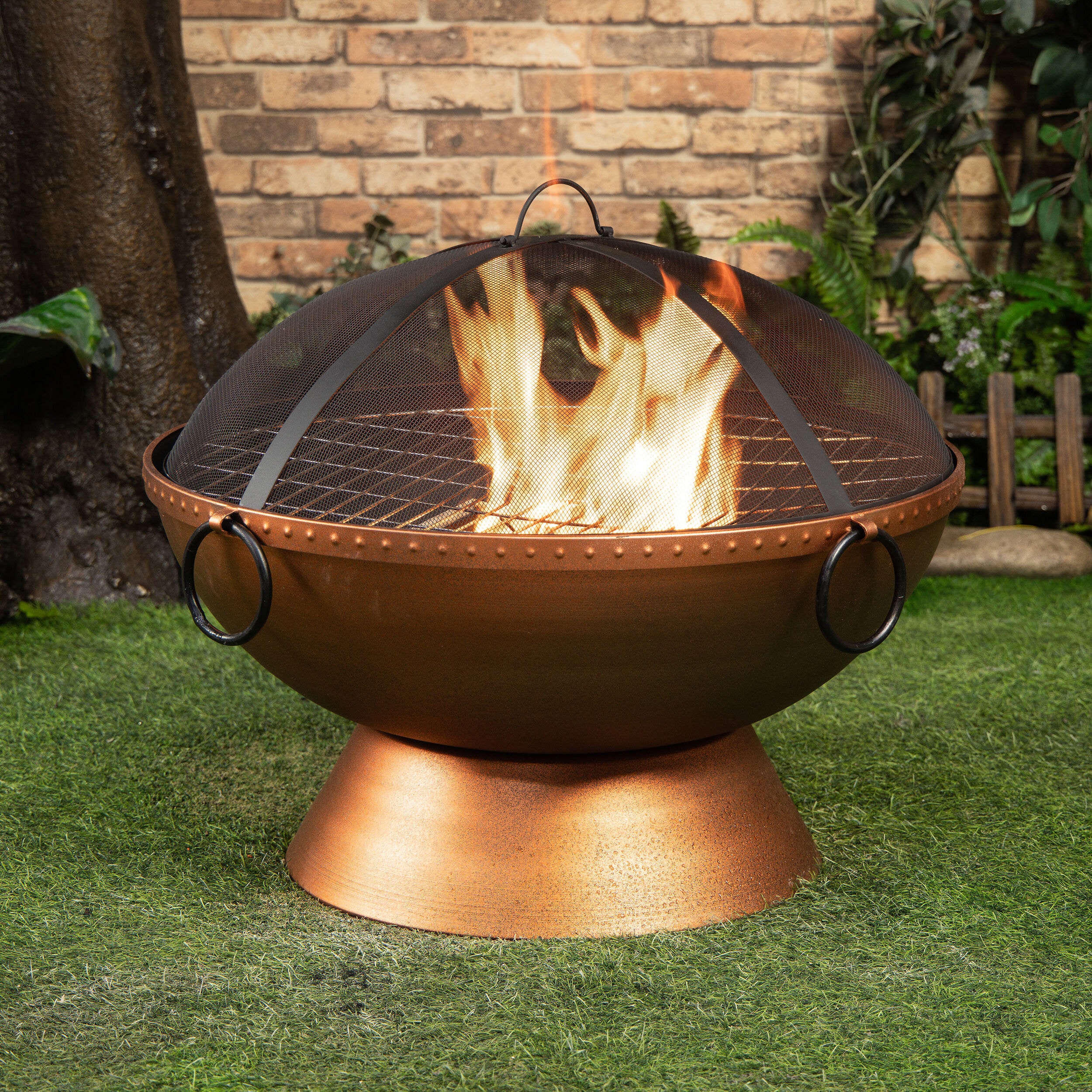 Bronze Round Steel Wood Burning Fire Pit with Spark Screen