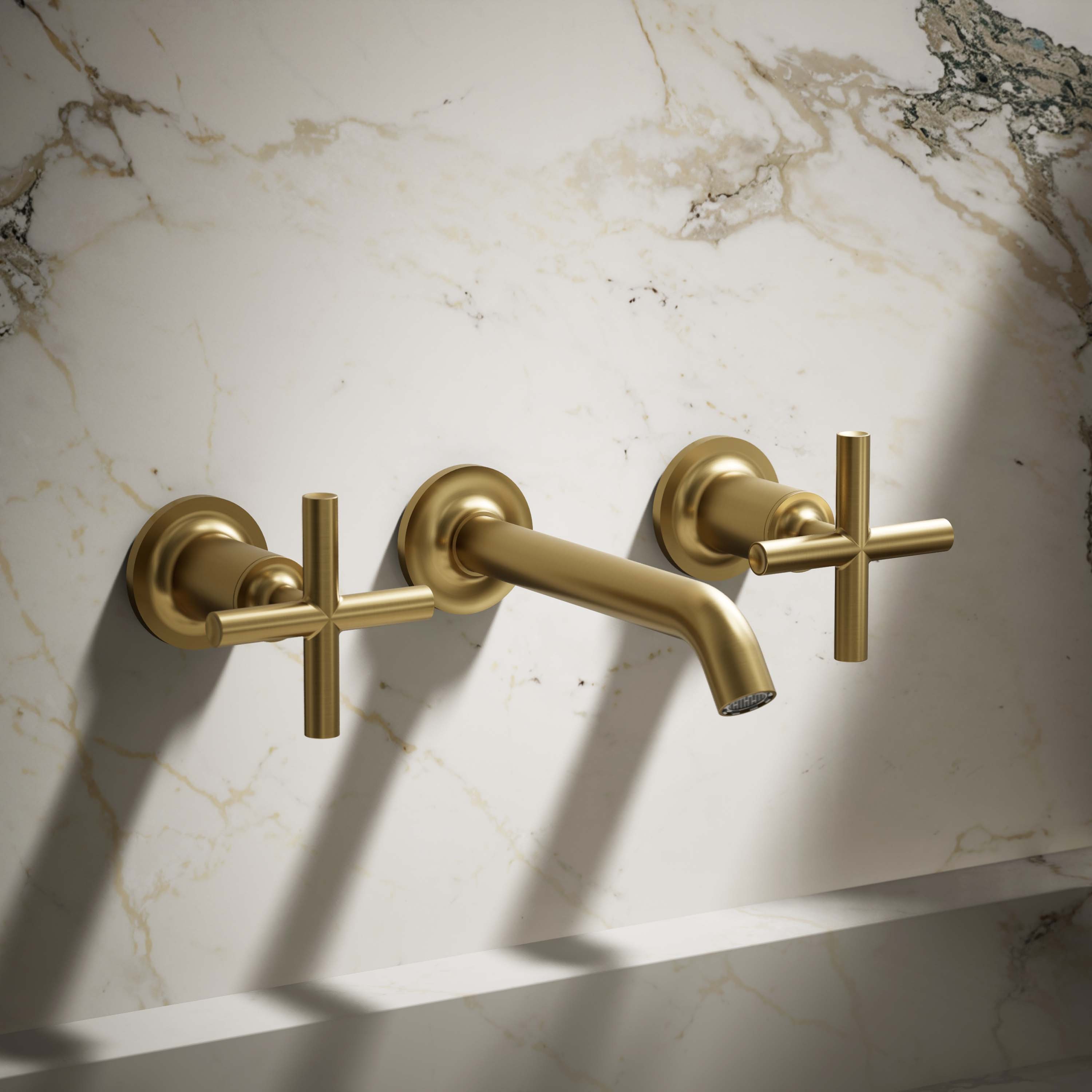 KOHLER K-T14413-3-2MB Purist Vibrant Brushed Moderne Brass Wall-mount 2-handle WaterSense Low-arc Commercial/Residential Handle Bathroom Sink Faucet with Deck Plate