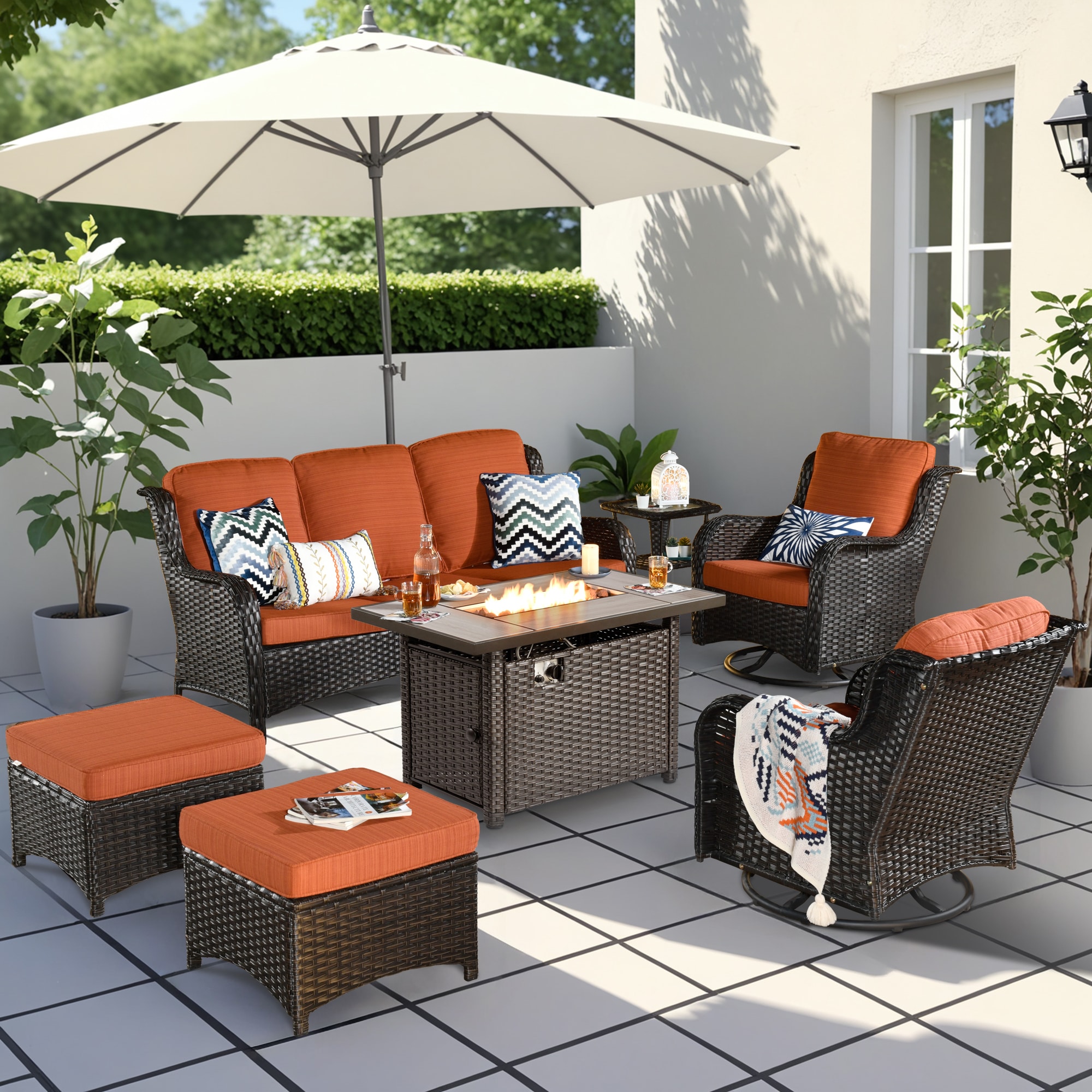 Pouuin SRFPYZNTC807 7 -Piece Wicker Patio Sofa Conversation Set with Orange Cushions
